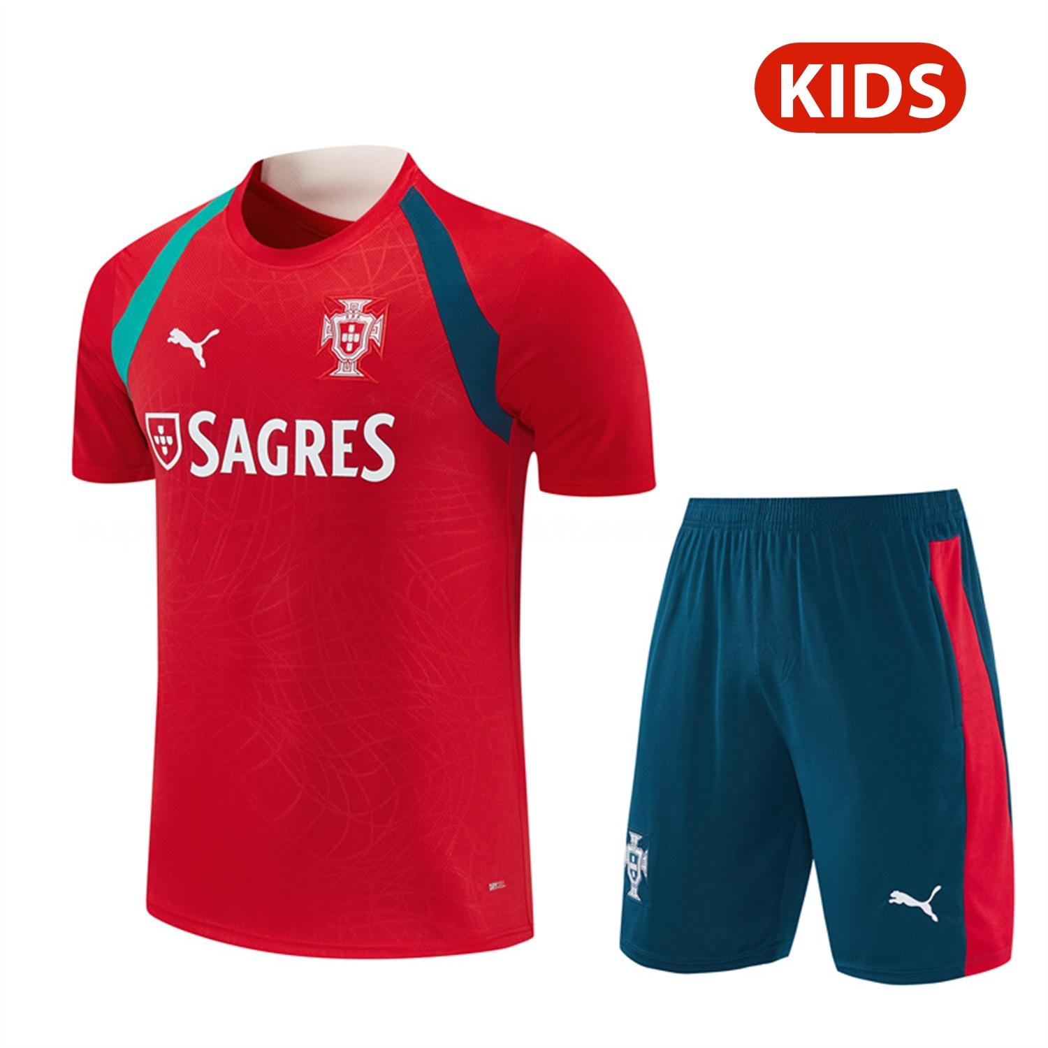Portugal 2026 Kids Short-Sleeve Training Set - Colors Top & Dark Blue With Red Stripe Pants - JerseysGala
