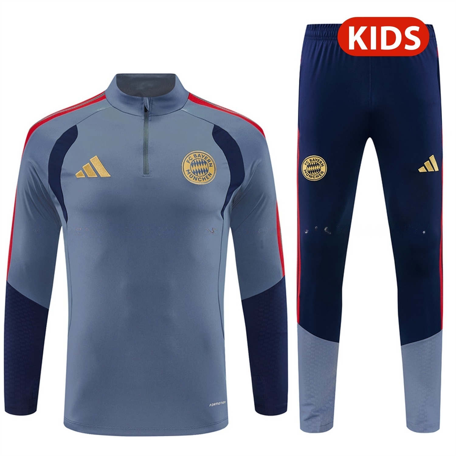 Bayern Munich 26-27 Kids Long Sleeve Training Set - Grey Top & Deep Blue Pants - JerseysGala