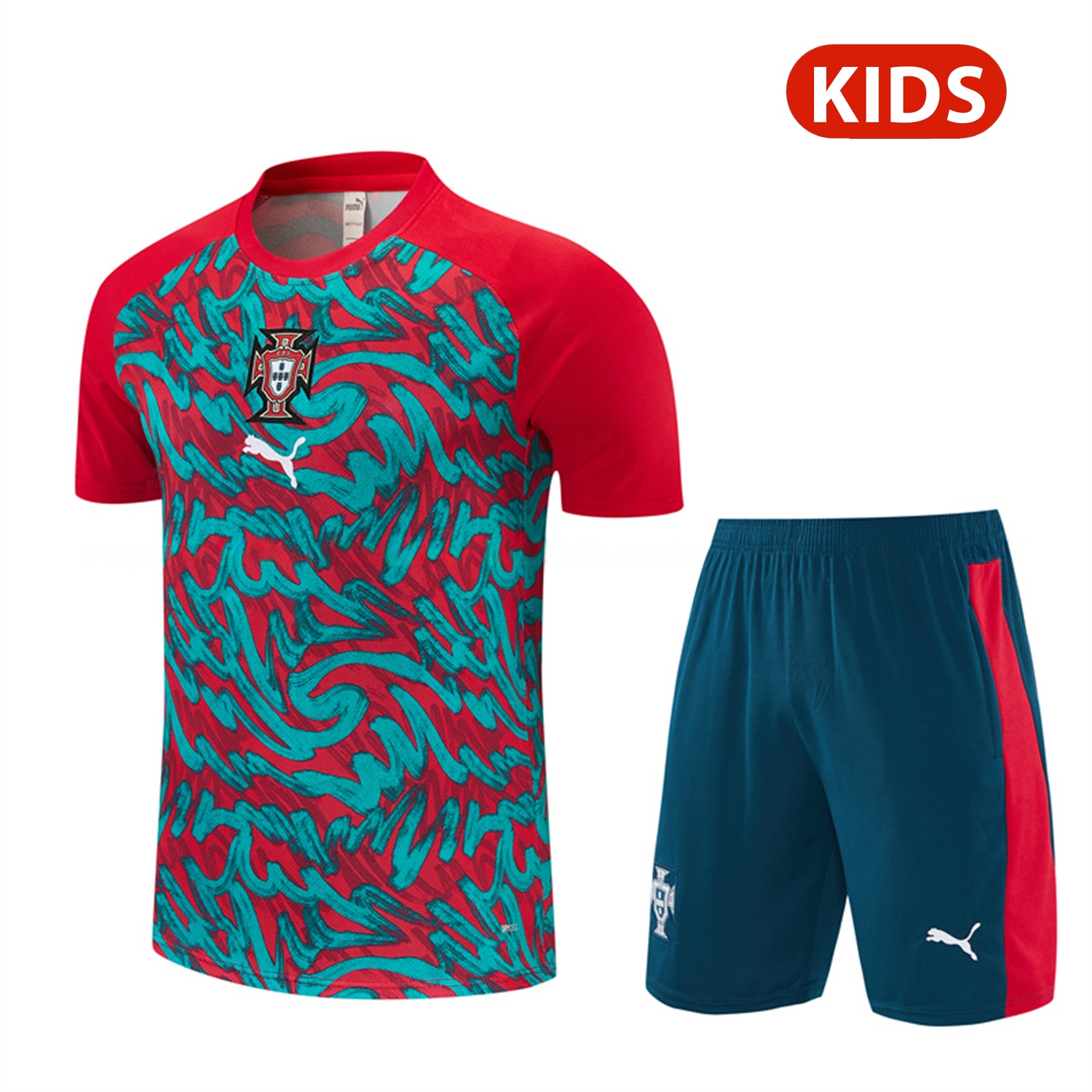 Portugal 2026 Kids Short-Sleeve Training Set - Red And Turquoise With A Swirling Pattern Top & Pants - JerseysGala