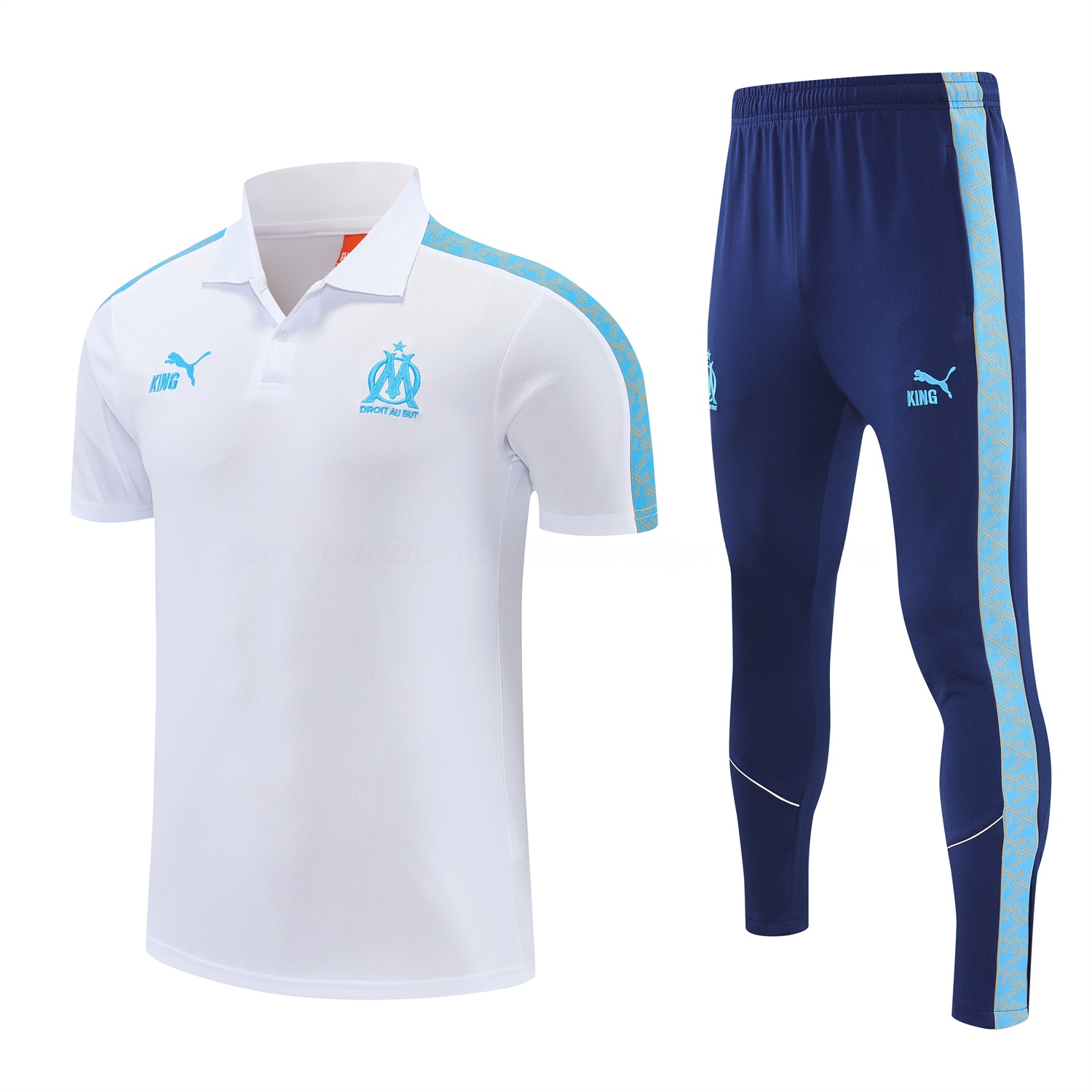 Marseille 25-26 POLO Short-Sleeve Training Set - White Top and Dark Blue Pants - JerseysGala