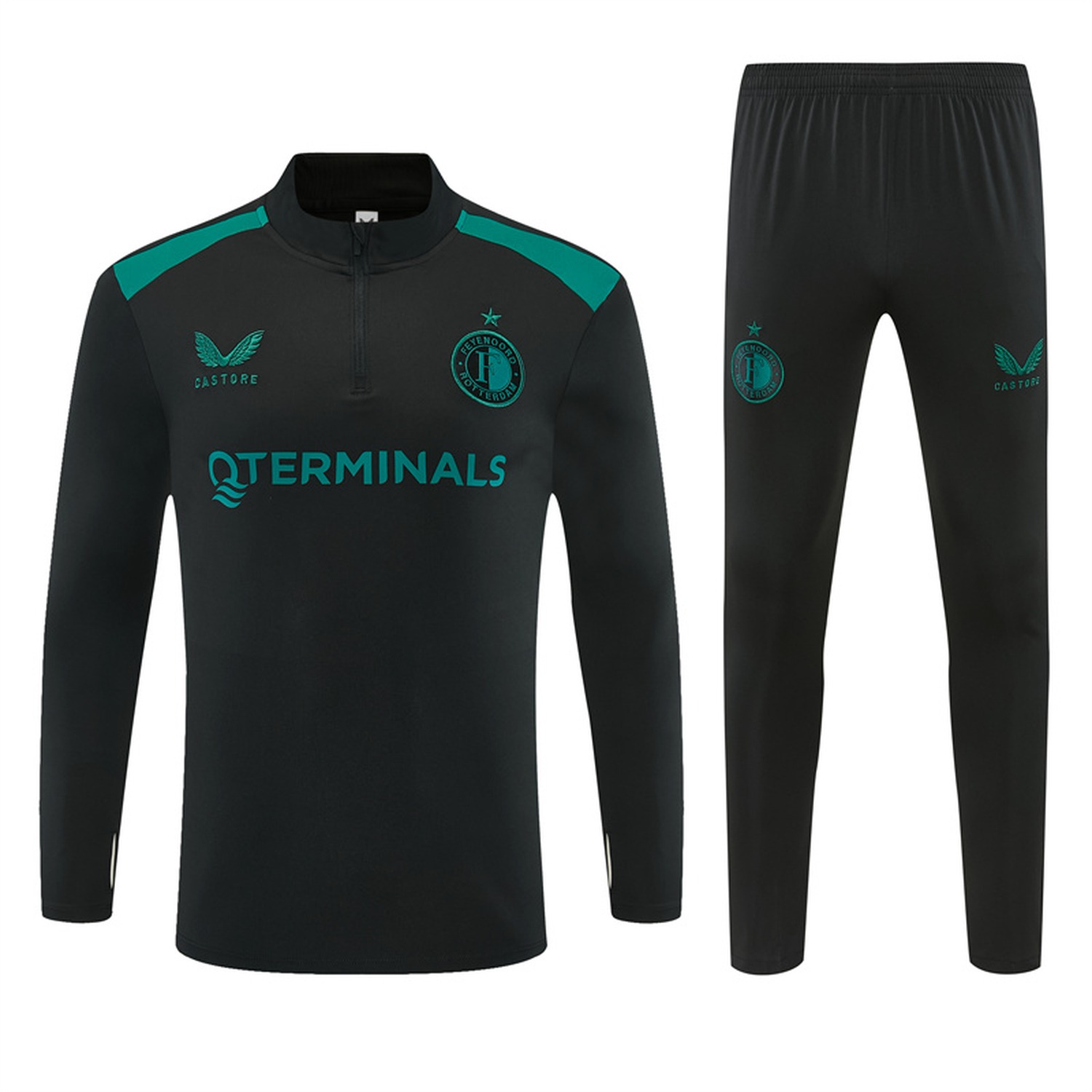 Feyenoord 26-27 Long Sleeve Training Set - Black With Green Top & Black Pants - JerseysGala