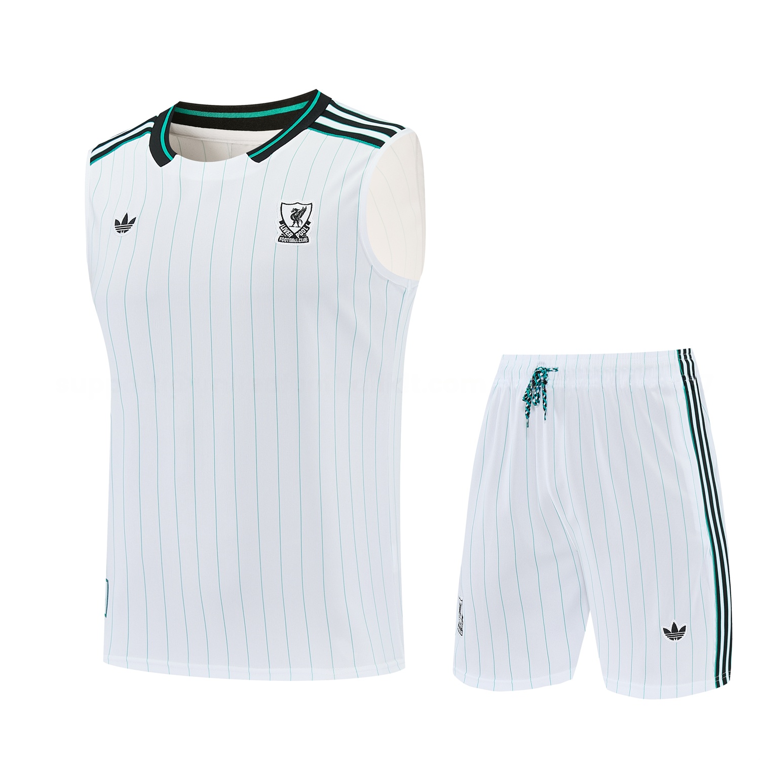 Liver.pool 25-26 Retro Style Vest Training Set - White With Green Stripes Top & Pants - JerseysGala