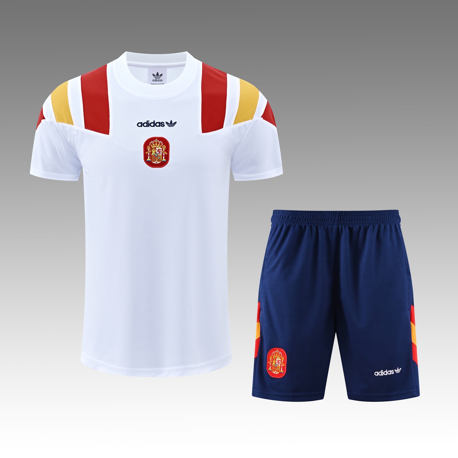 Spain 2026 Originals Trefoil Short-Sleeve Training Set - White Top & Deep Blue Shorts - JerseysGala