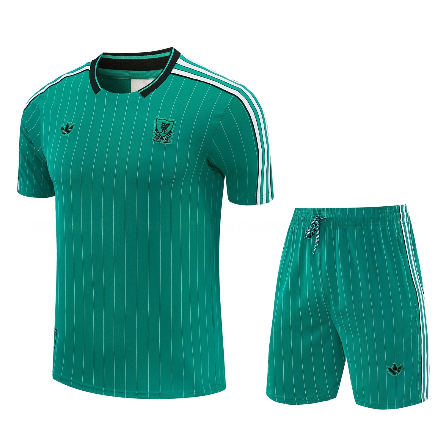 Liver.pool 25-26 Retro Style Short-Sleeve Training Set - Green With White Stripes Top & Pants - JerseysGala