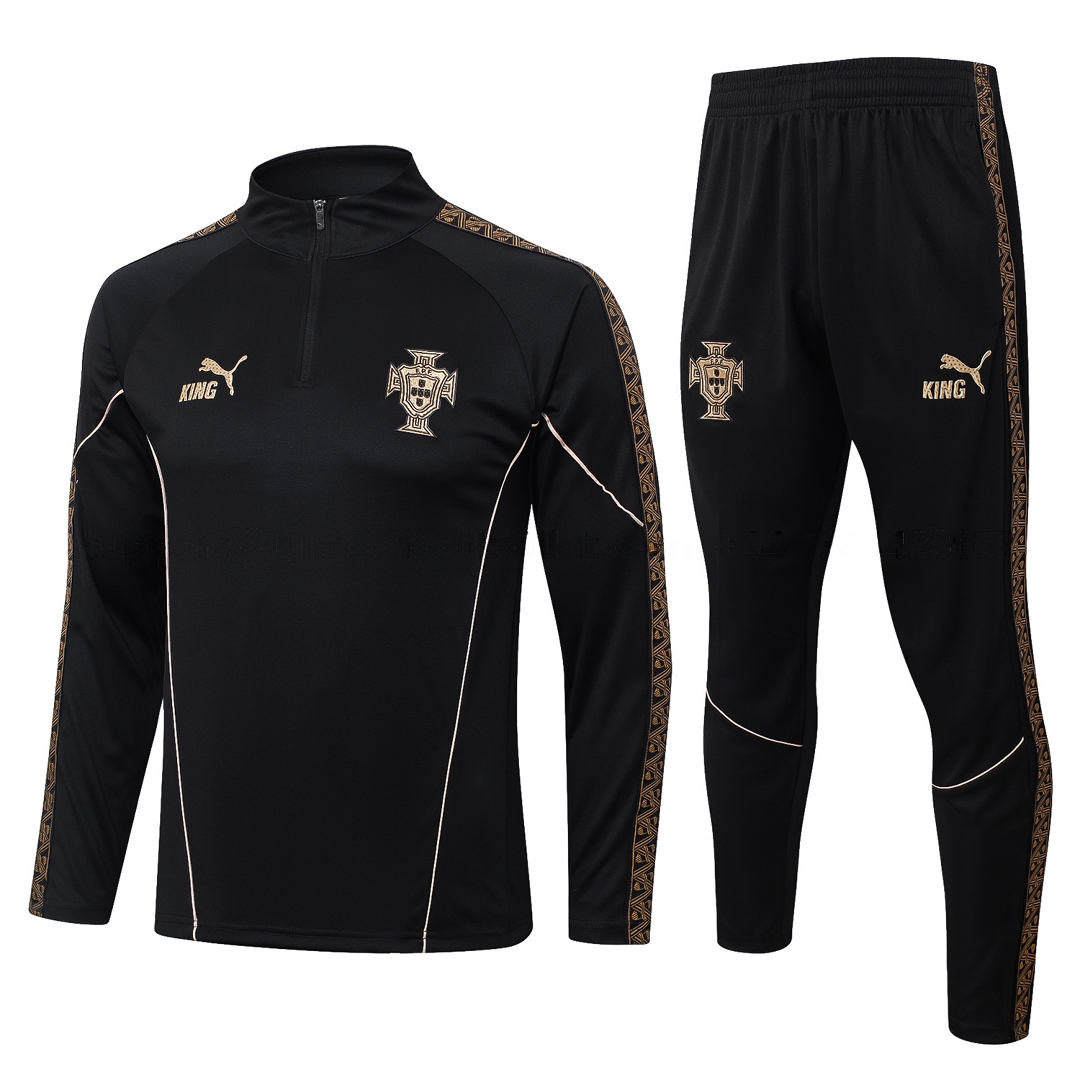 Portugal 2026 Long Sleeve Training Set - Gold Lines Black Top & Pants - JerseysGala