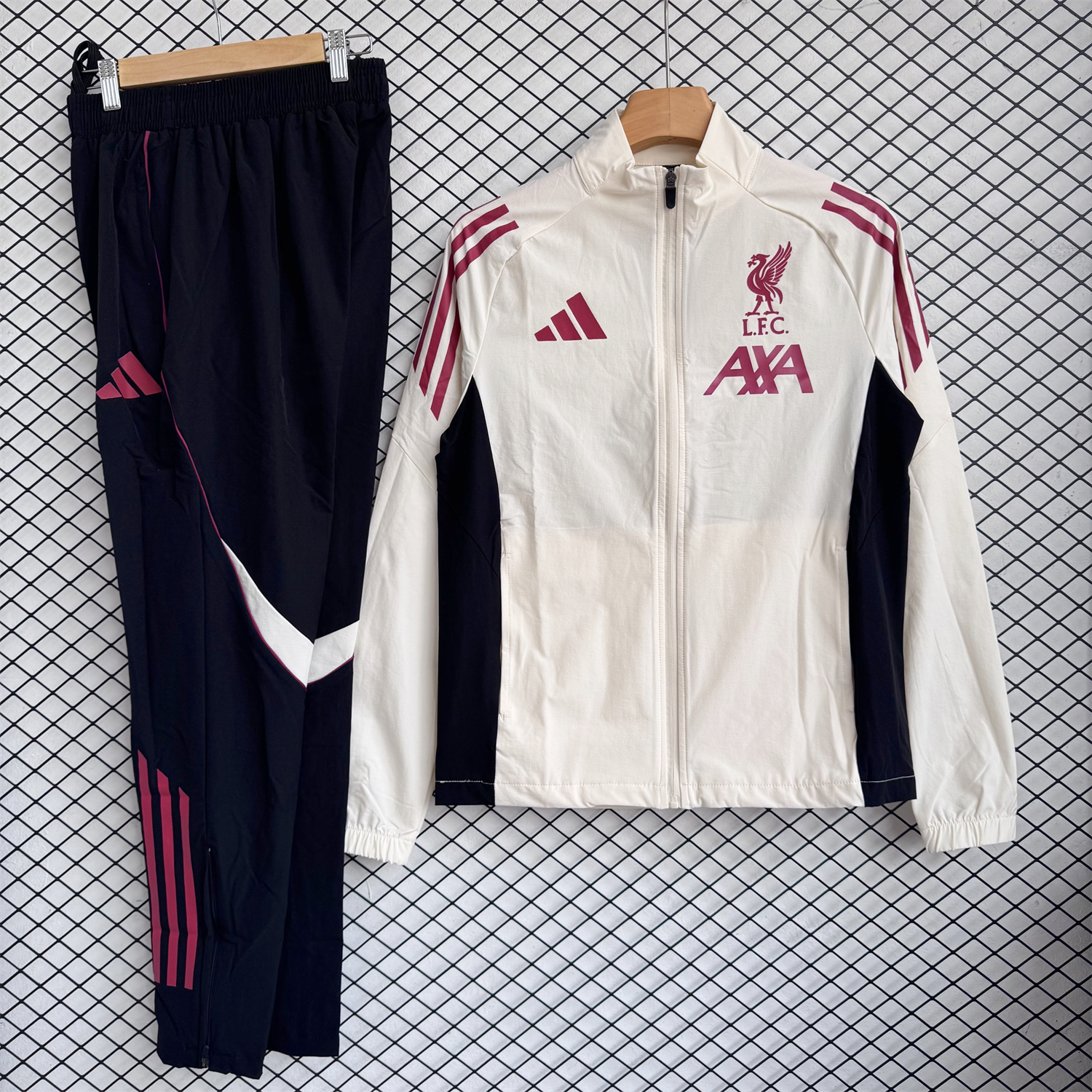 Liver.pool 25-26 Hooded Windbreaker Training Set - Cream Top & Black Pants - JerseysGala