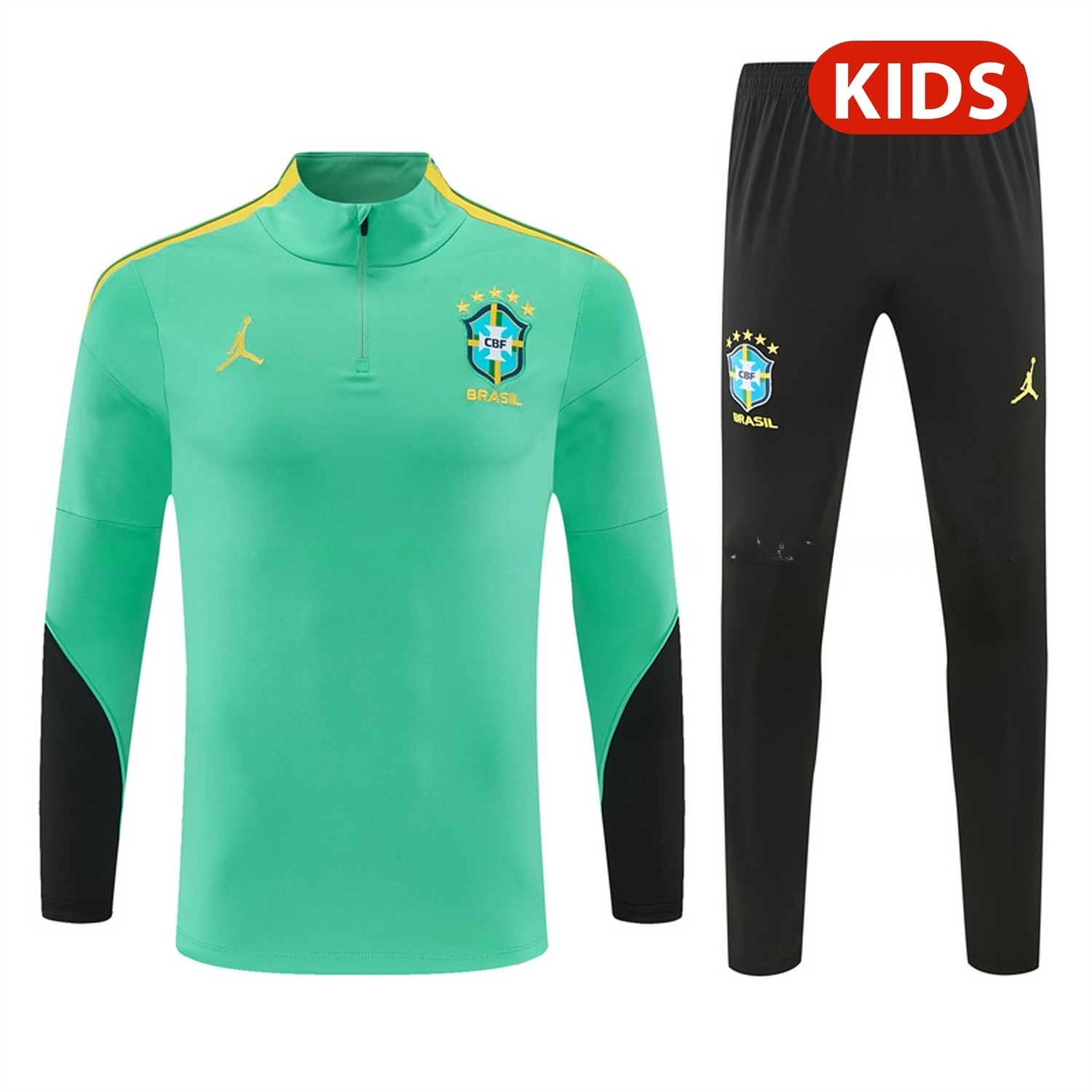 Brazil 2026 Kids Long Sleeve Training Set - Light Green Top & Black Pants - JerseysGala