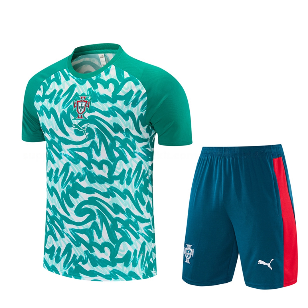 Portugal 2026 Short-Sleeve Training Set - Colors Top & Dark Teal Blue With A Red Stripe On The Side Pants - JerseysGala
