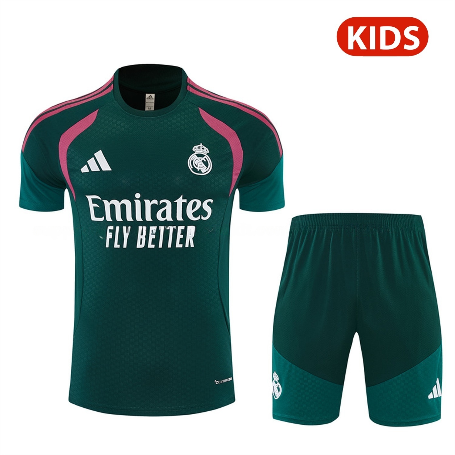Real Madrid 26-27 Rose Red Stripes Kids Short-Sleeve Training Set - Dark Green Top & Dark Green Shorts - JerseysGala