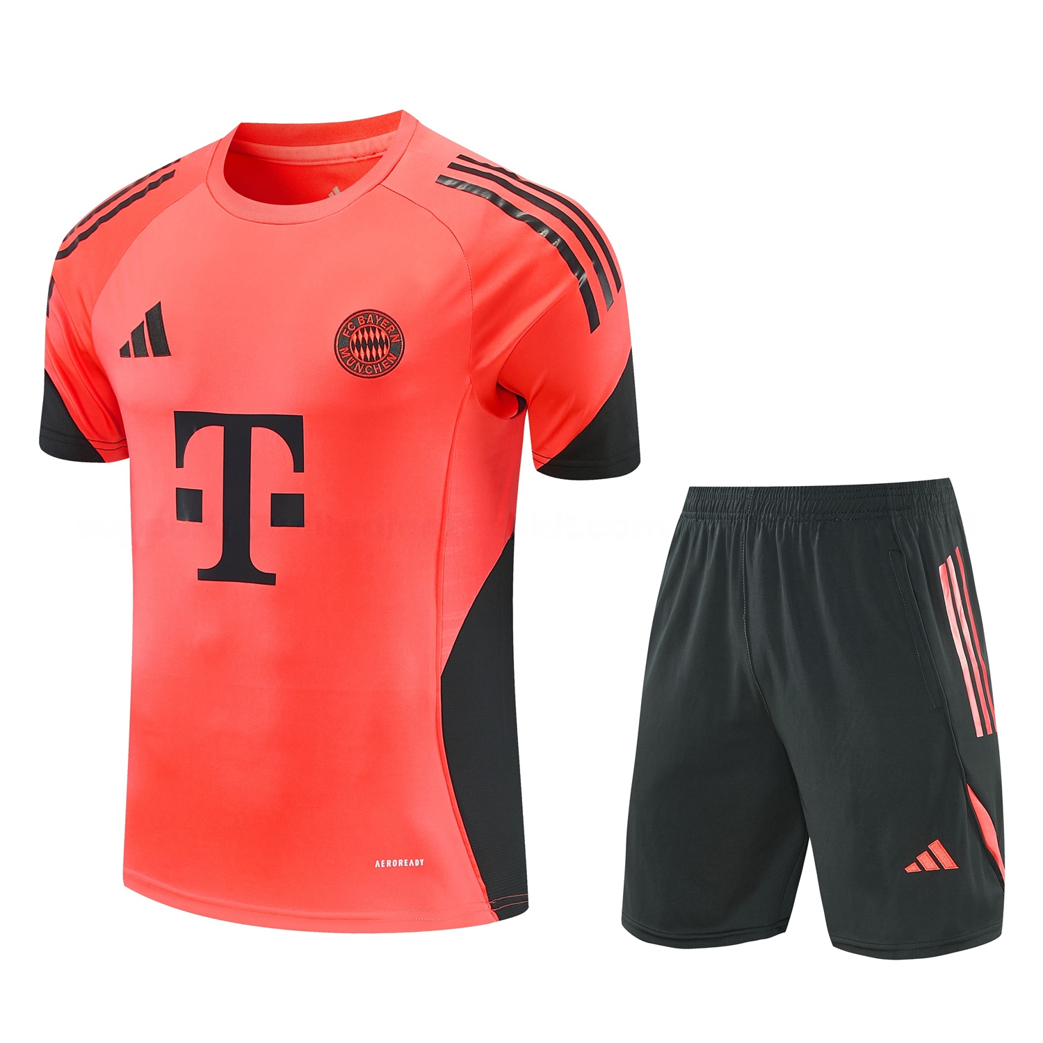 Bayern Munich 25-26 Short-Sleeve Training Set - Coral With Black Accents Top & Black With Coral Accents Pants - JerseysGala