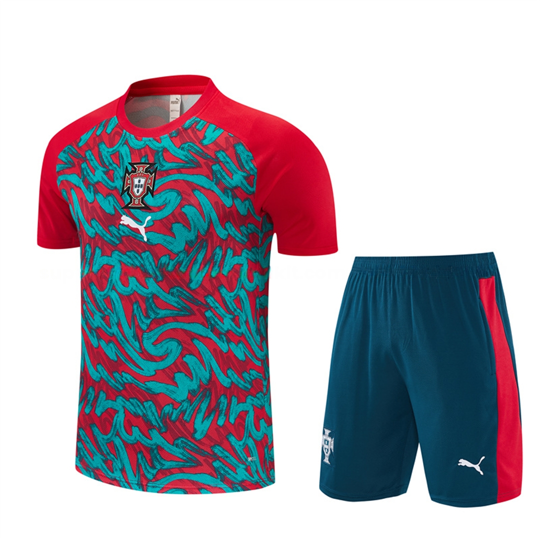Portugal 2026 Short-Sleeve Training Set - Red And Turquoise With A Swirling Pattern Top & Pants - JerseysGala