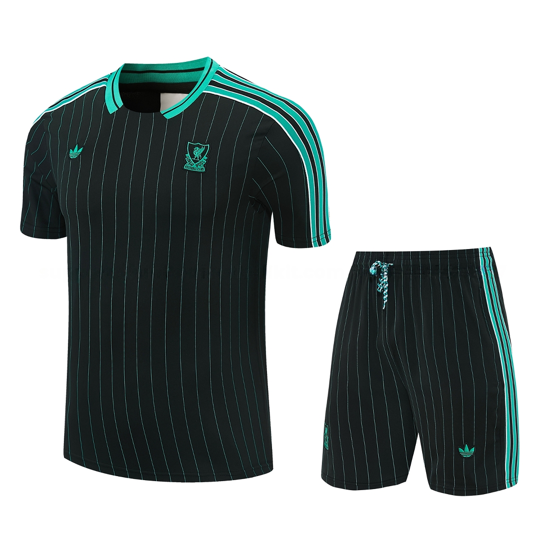 Liver.pool 25-26 Retro Style Short-Sleeve Training Set - Black With Teal Stripes And Accents Top & Pants - JerseysGala