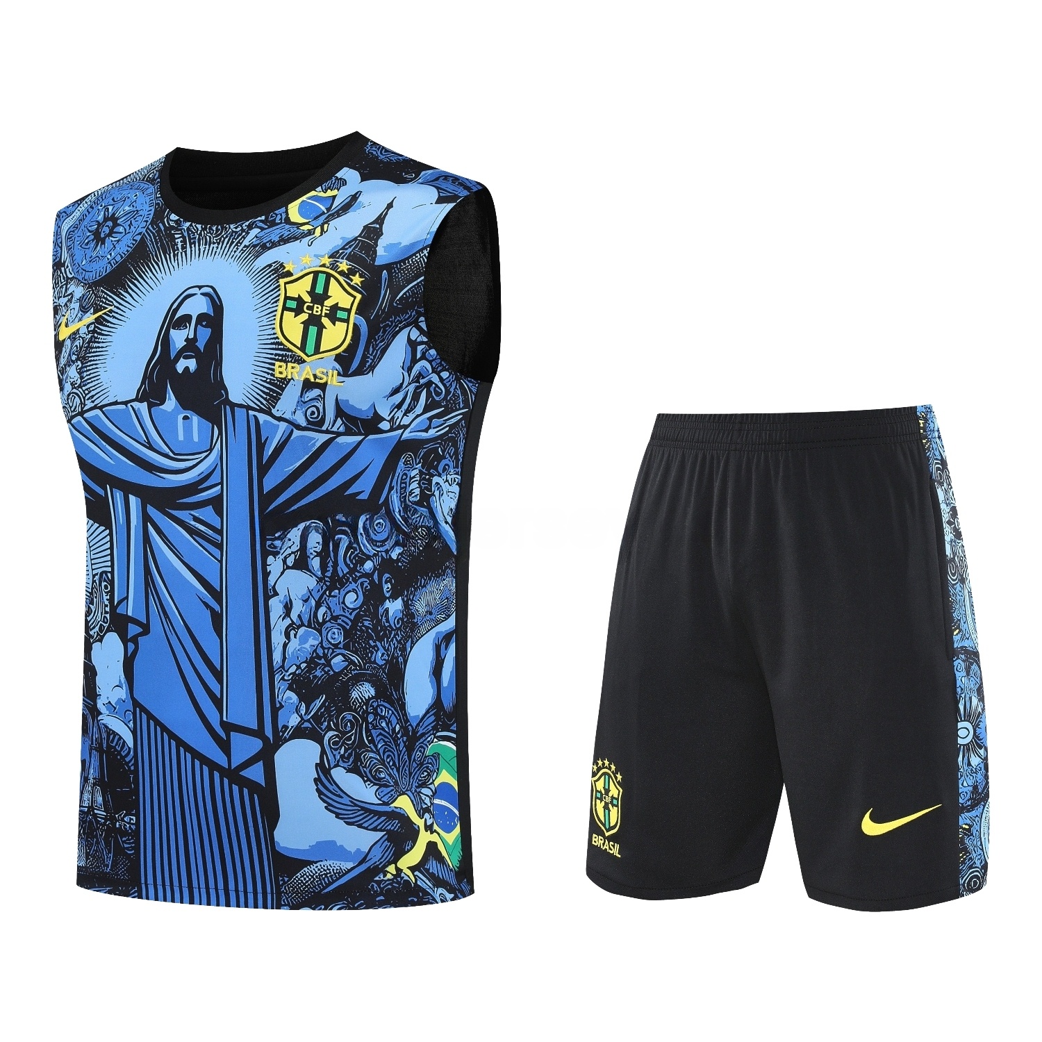 Brazil 25-26 Blue Jesus Statue Vest Training Set - Blue Vest & Black Shorts - JerseysGala