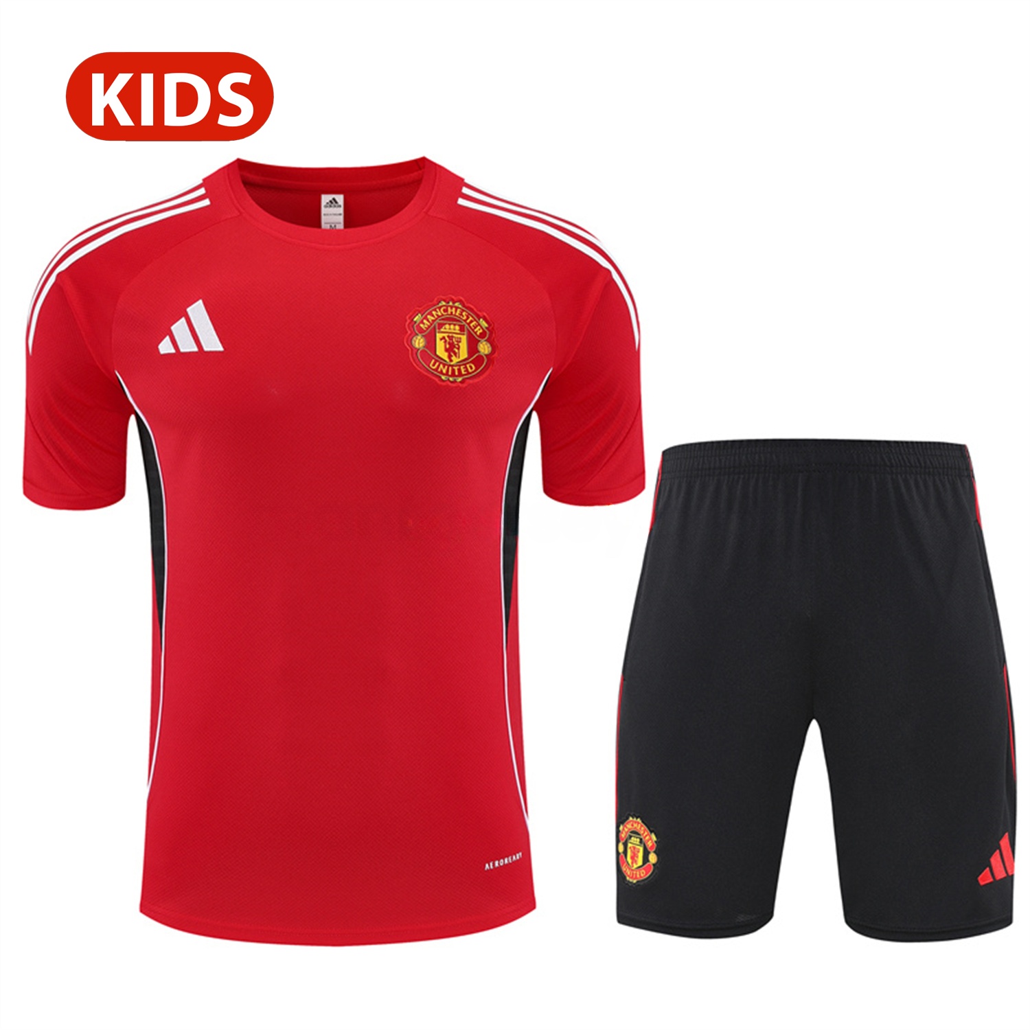 Manchester United 25-26 Kid Short-Sleeve Training Set - Red Top & Black Shorts - JerseysGala