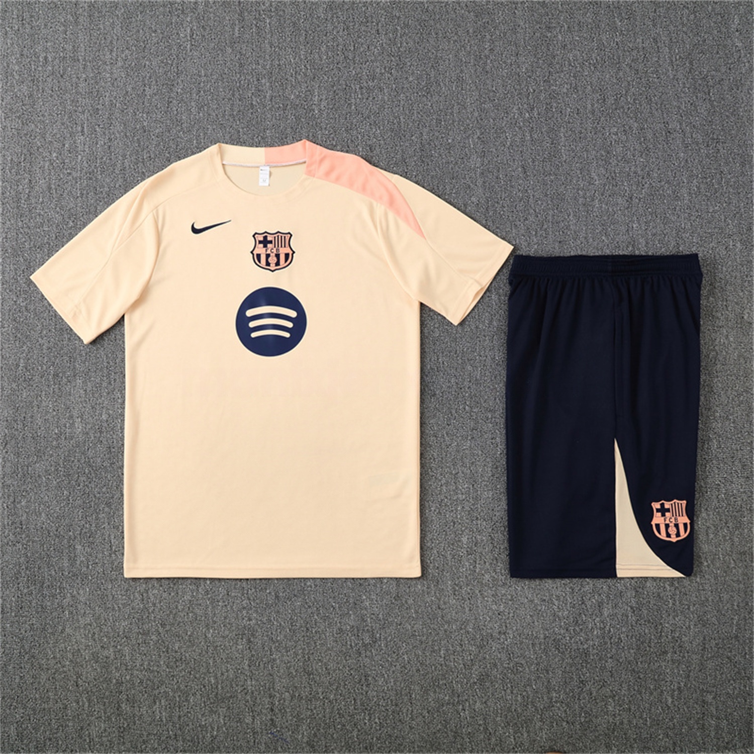 Barcelona 25-26 Kids Short-Sleeve Training Set - Beige Top & Blue Shorts - JerseysGala