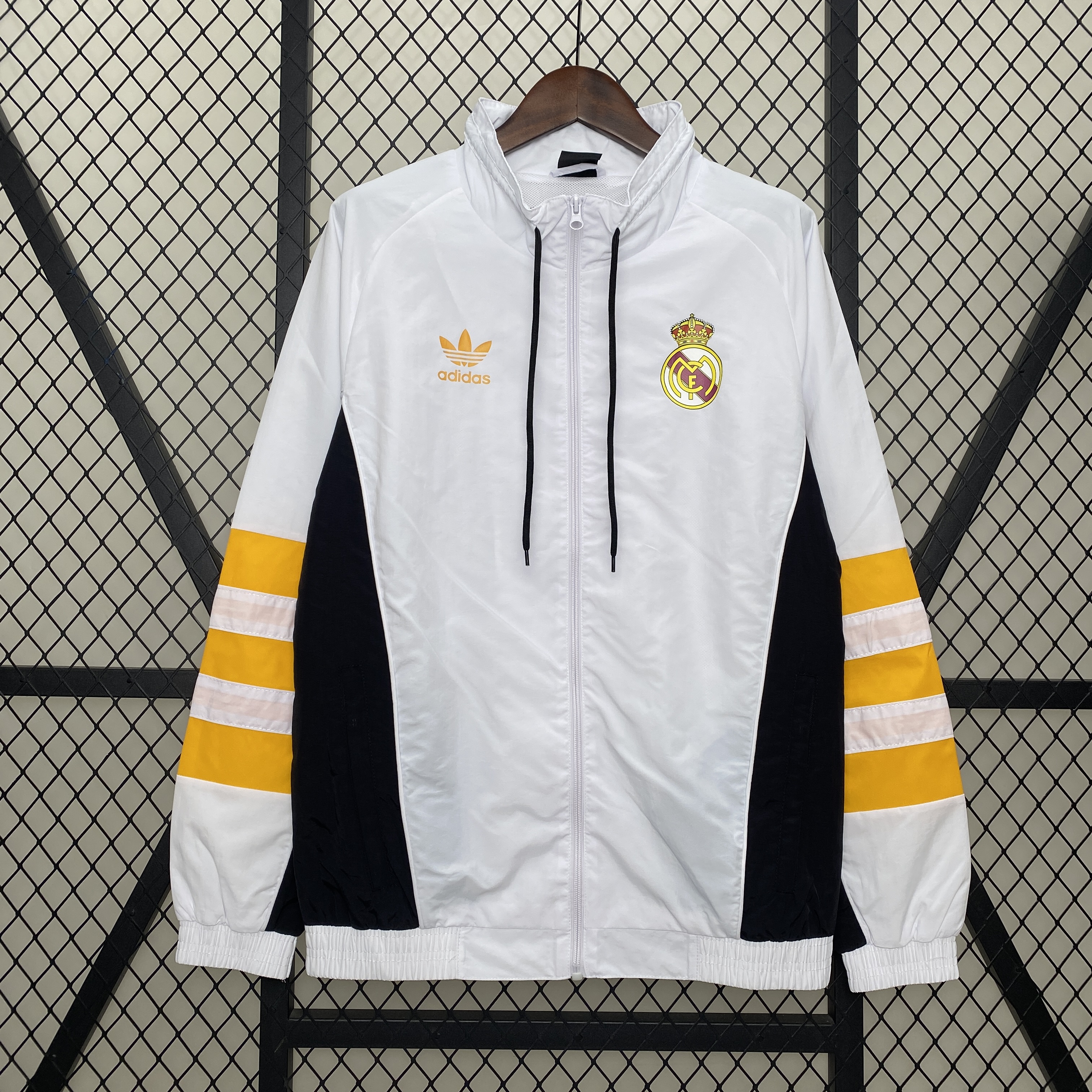 Real Madrid 24-25 Throwback Windbreaker Jacket - White & Orange - JerseysGala