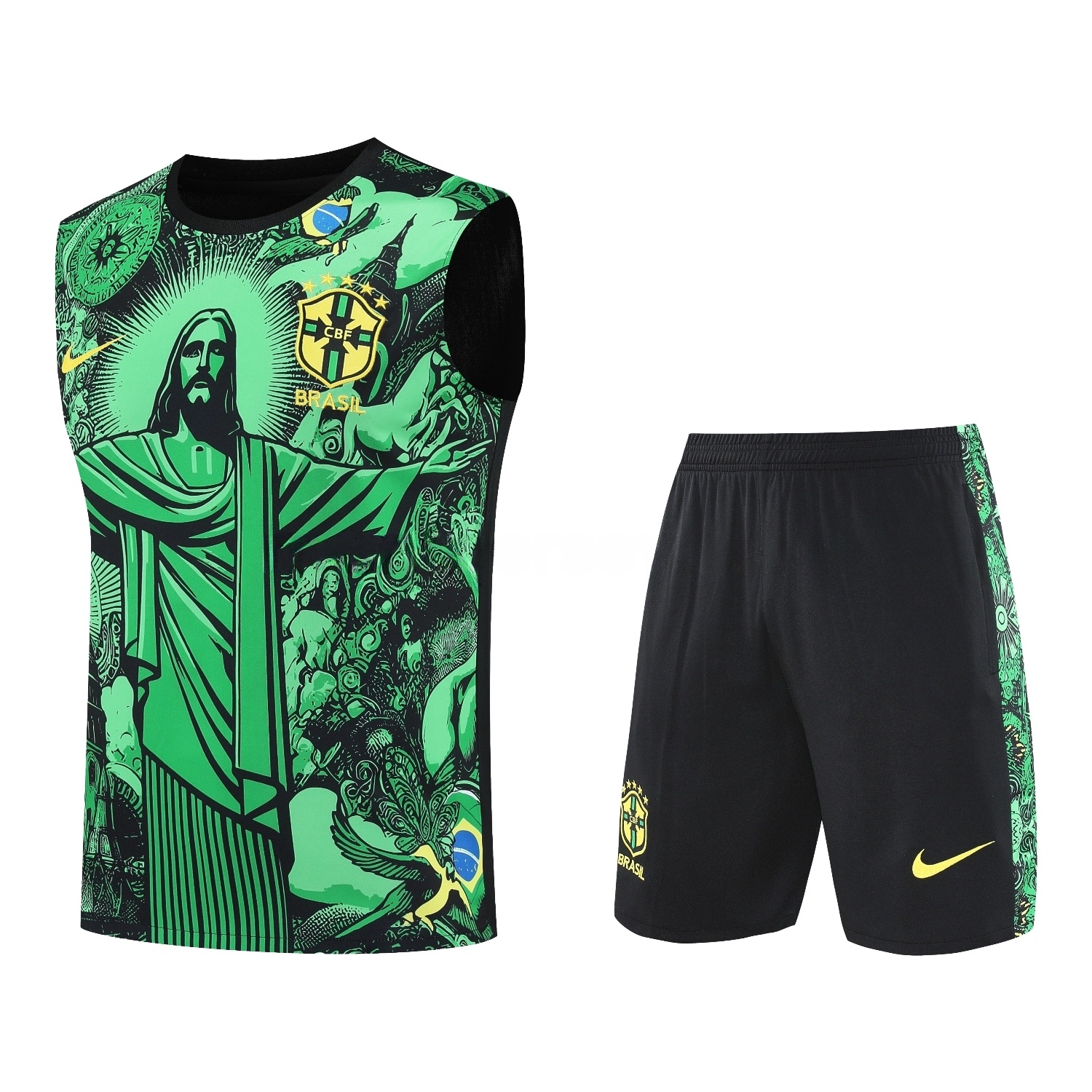 Brazil 25-26 Green Jesus Statue Vest Training Set - Green Vest & Black Shorts - JerseysGala