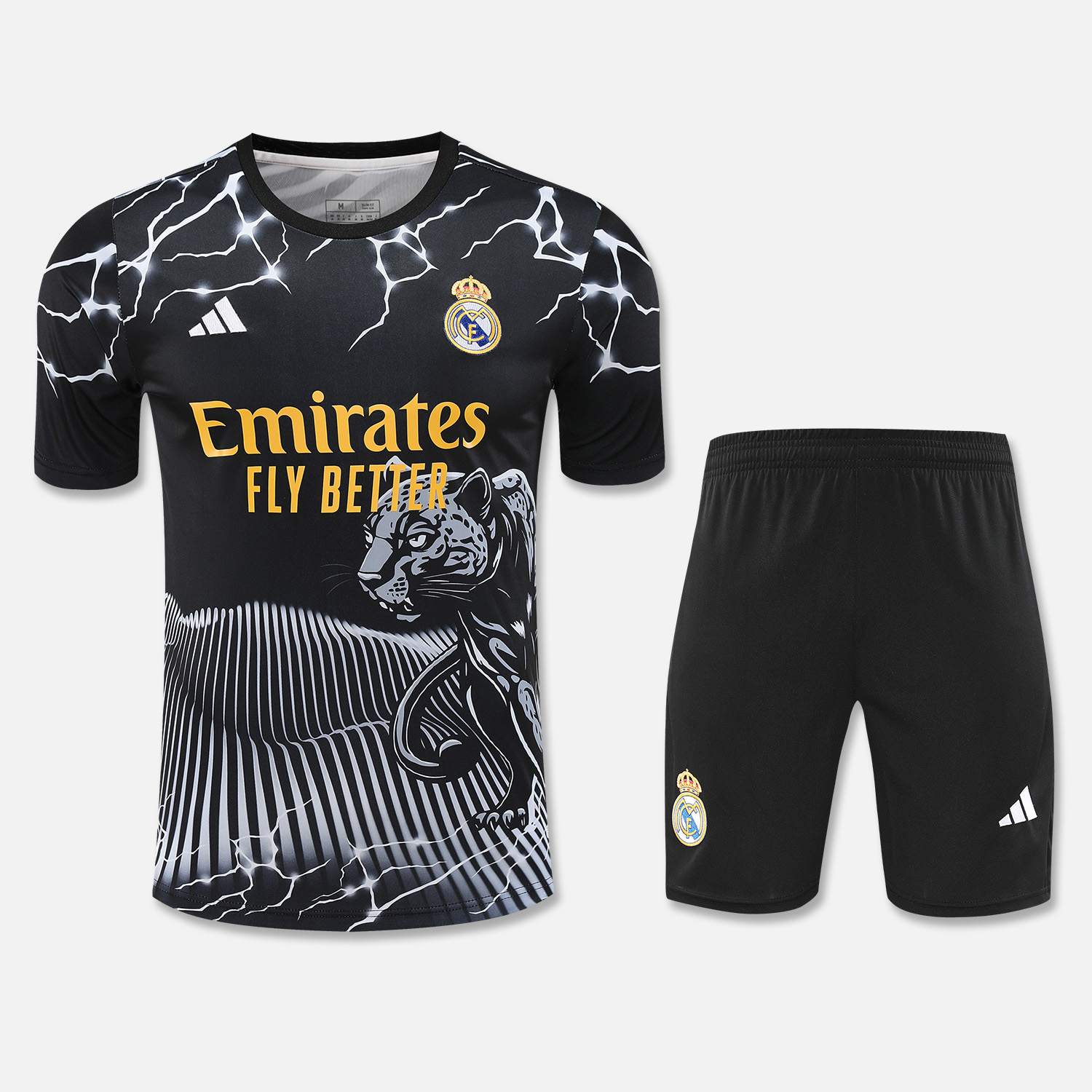 Real Madrid 24-25 Short-Sleeve Training Set - White Leopard Top & Black Shorts - JerseysGala