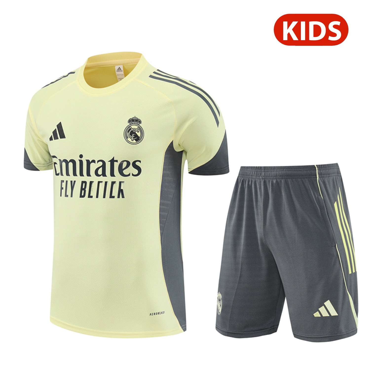 Real Madrid 25-26 Kids Short-Sleeve Training Set - Yellow Top and Grey Shorts - JerseysGala
