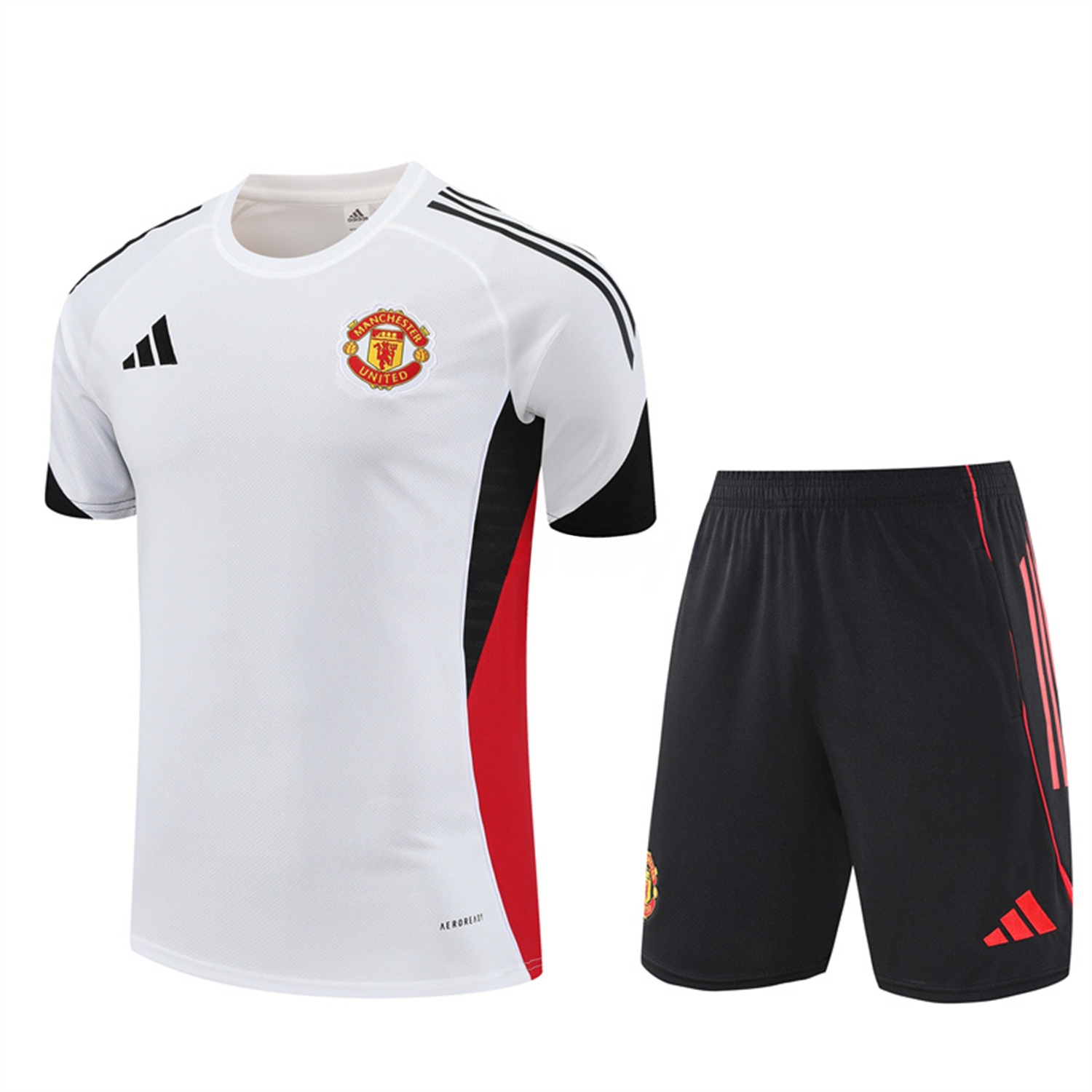 Manchester United 25-26 Short-Sleeve Training Set - White Top & Black Shorts - JerseysGala