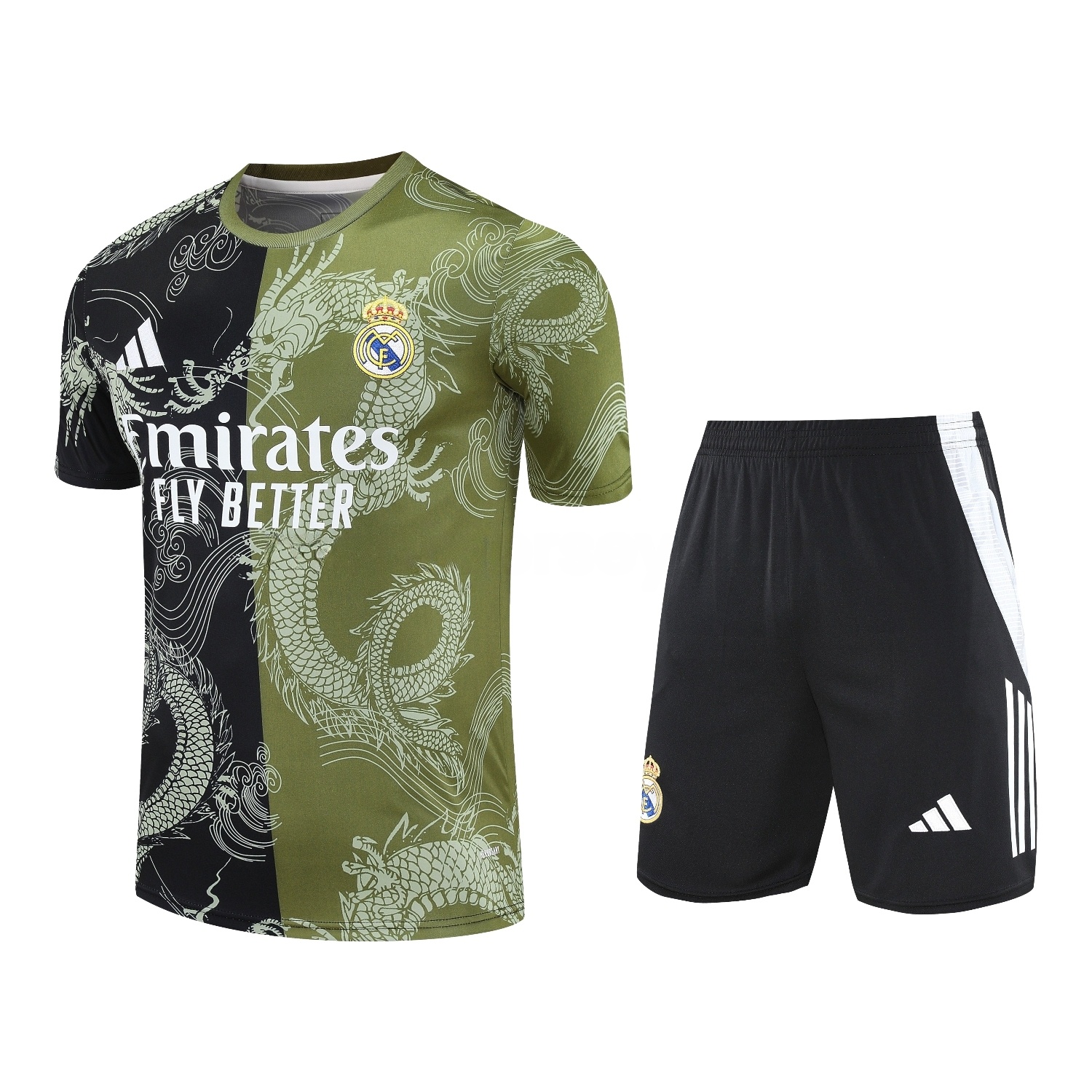 Real Madrid 25-26 Short-Sleeve Training Set - Green-Black Dragon Top & Black-White Shorts - JerseysGala