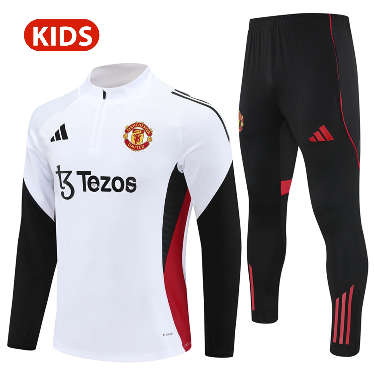 Manchester United 25-26 Kid Long Sleeves Training Set - White Top & Black Pants - JerseysGala