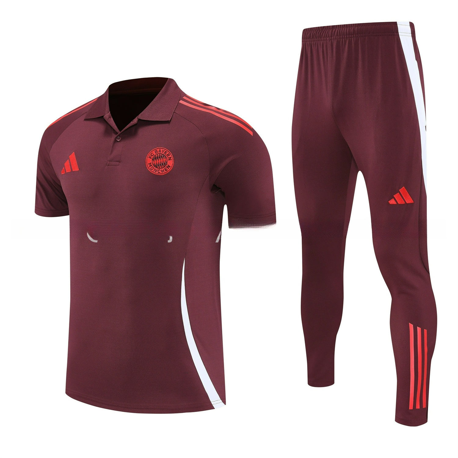 Bayern Munich 25-26 POLO Short-Sleeve Training Set With Red Logo - Deep Red Top & Deep Red Pants - JerseysGala