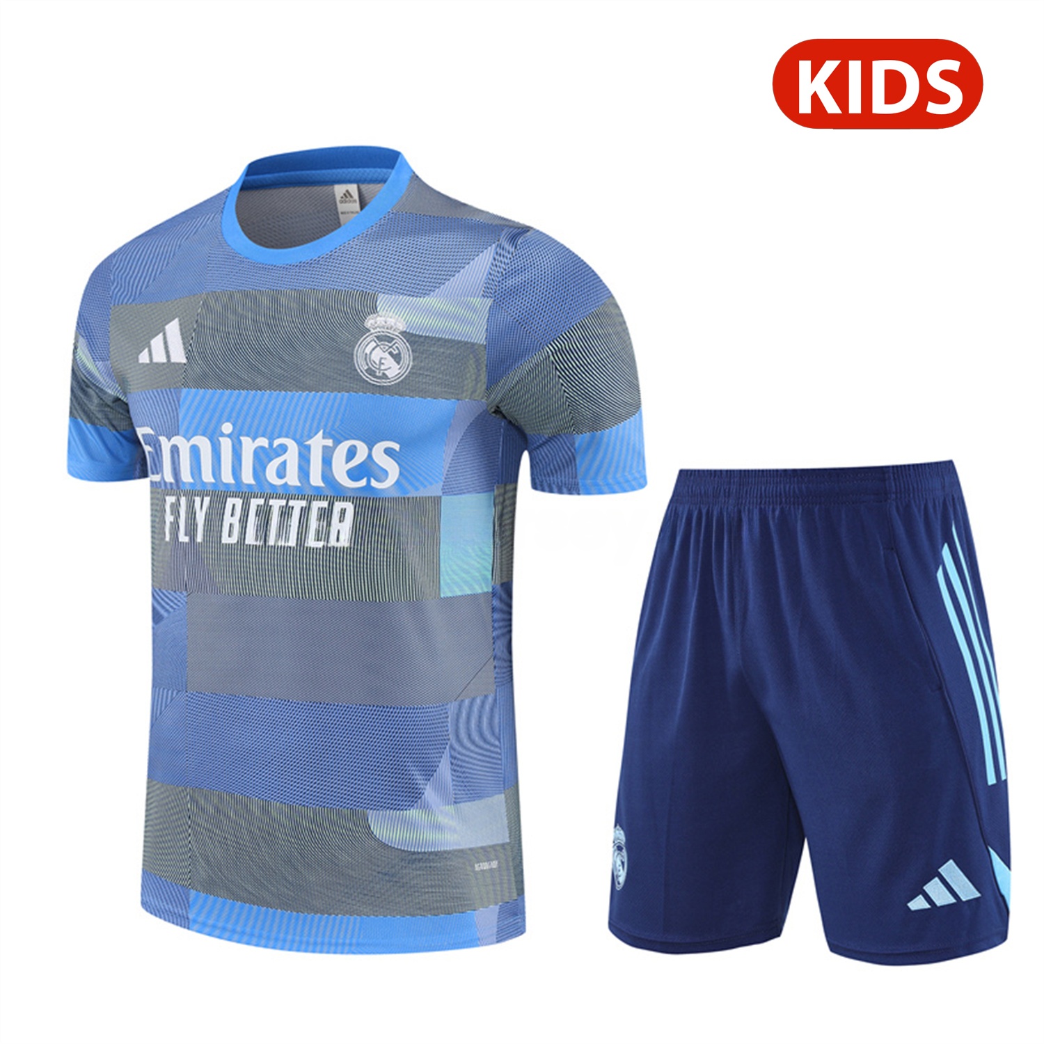 Real Madrid 25-26 Pre-Match Kids Short-Sleeve Training Set - Blue-Gray Camouflage Top and Blue Shorts - JerseysGala