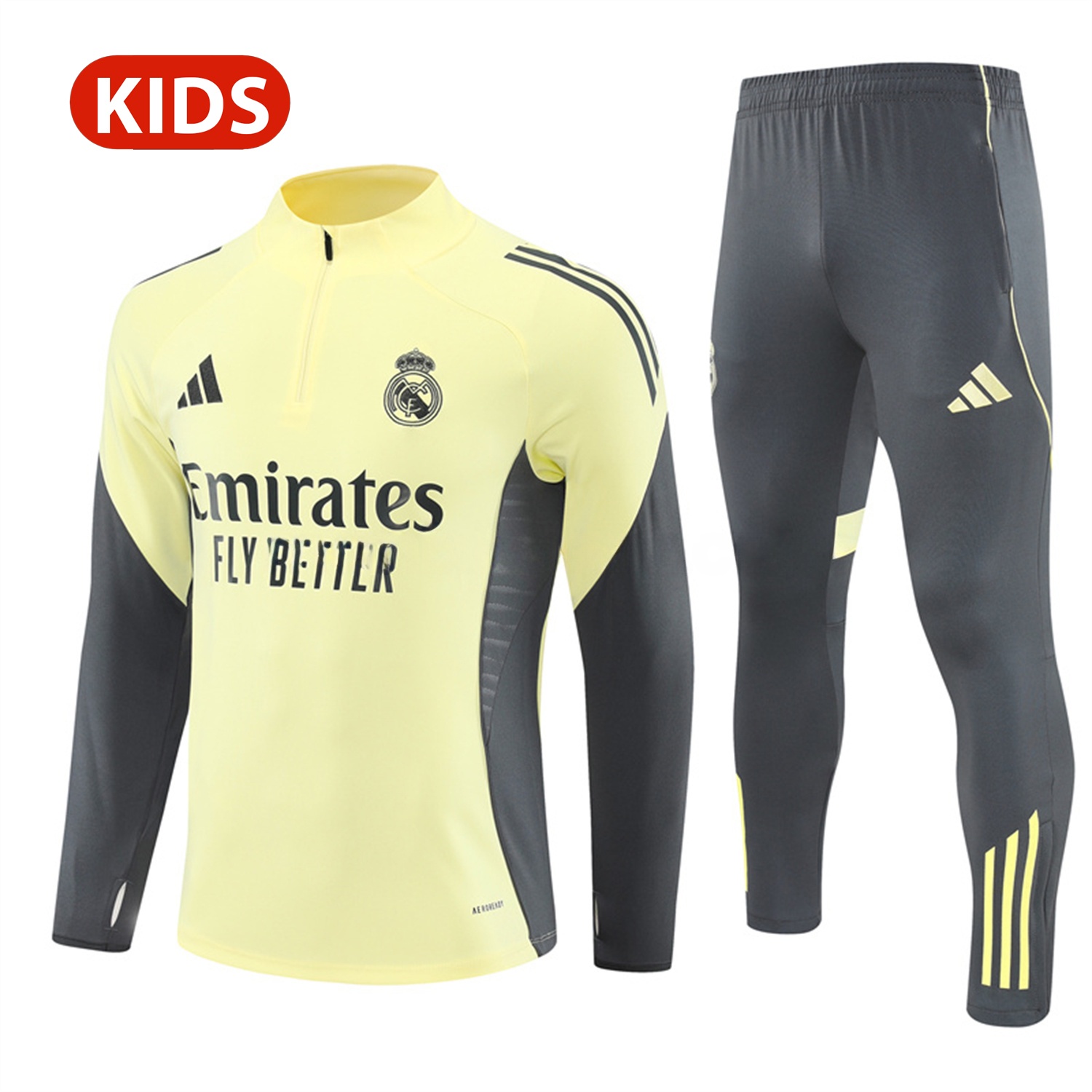 Real Madrid 25-26 Kid Long Sleeves Training Set - Yellow Top & Gray Pants - JerseysGala