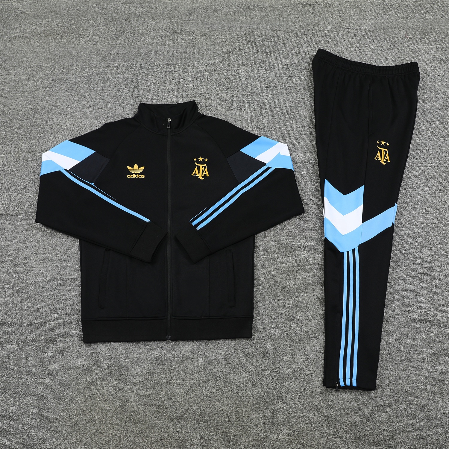 Argentina 24-25 Throwback Jacket Training Tracksuit - Black Jackets & Pants with Blue and White Stripes - JerseysGala