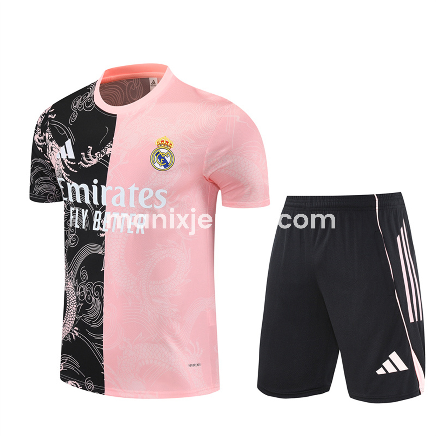 Real Madrid 25-26 Short-Sleeve Training Set - Pink Black Top & Black Shorts - JerseysGala