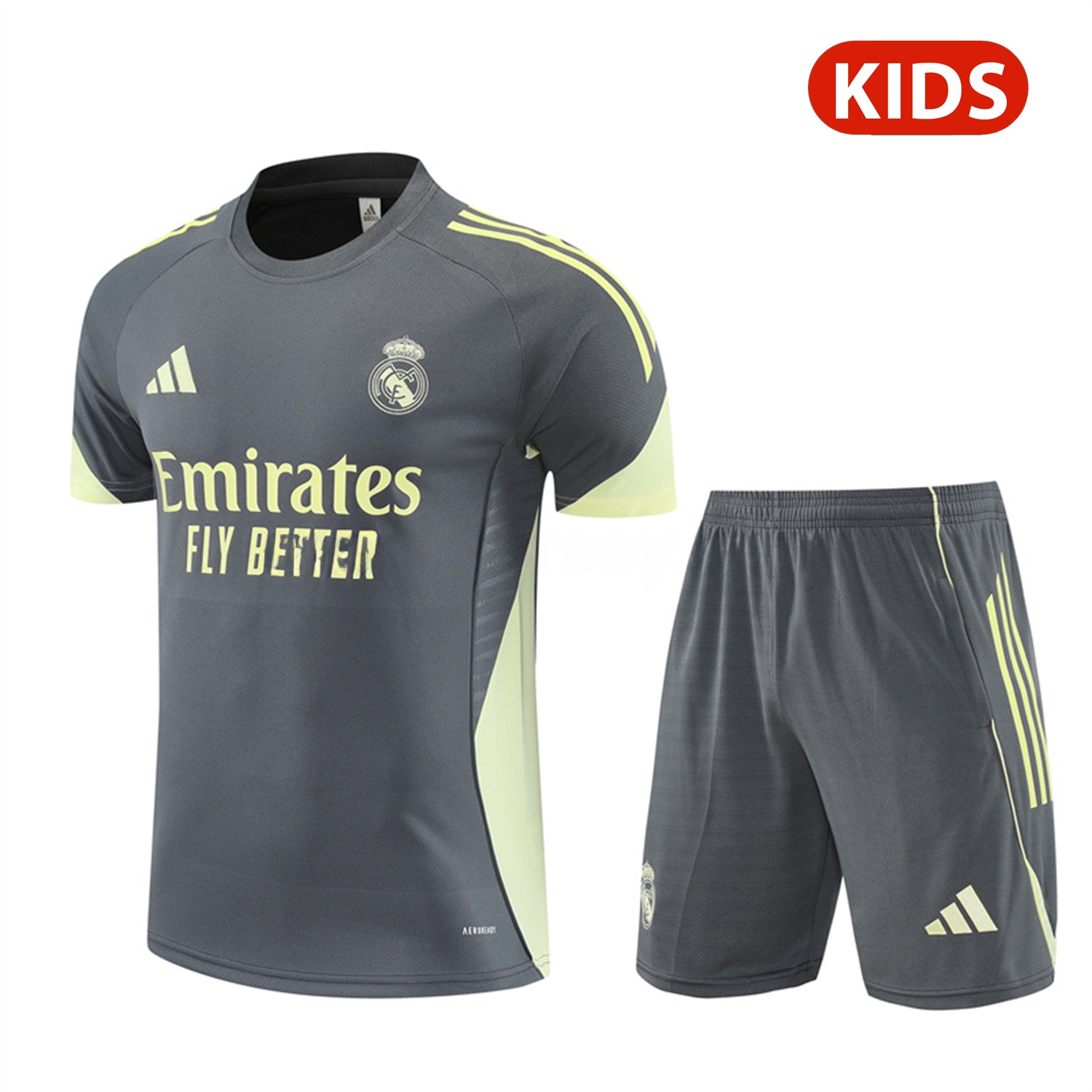 Real Madrid 25-26 Kids Short-Sleeve Training Set - Deep Grey Top and Shorts - JerseysGala
