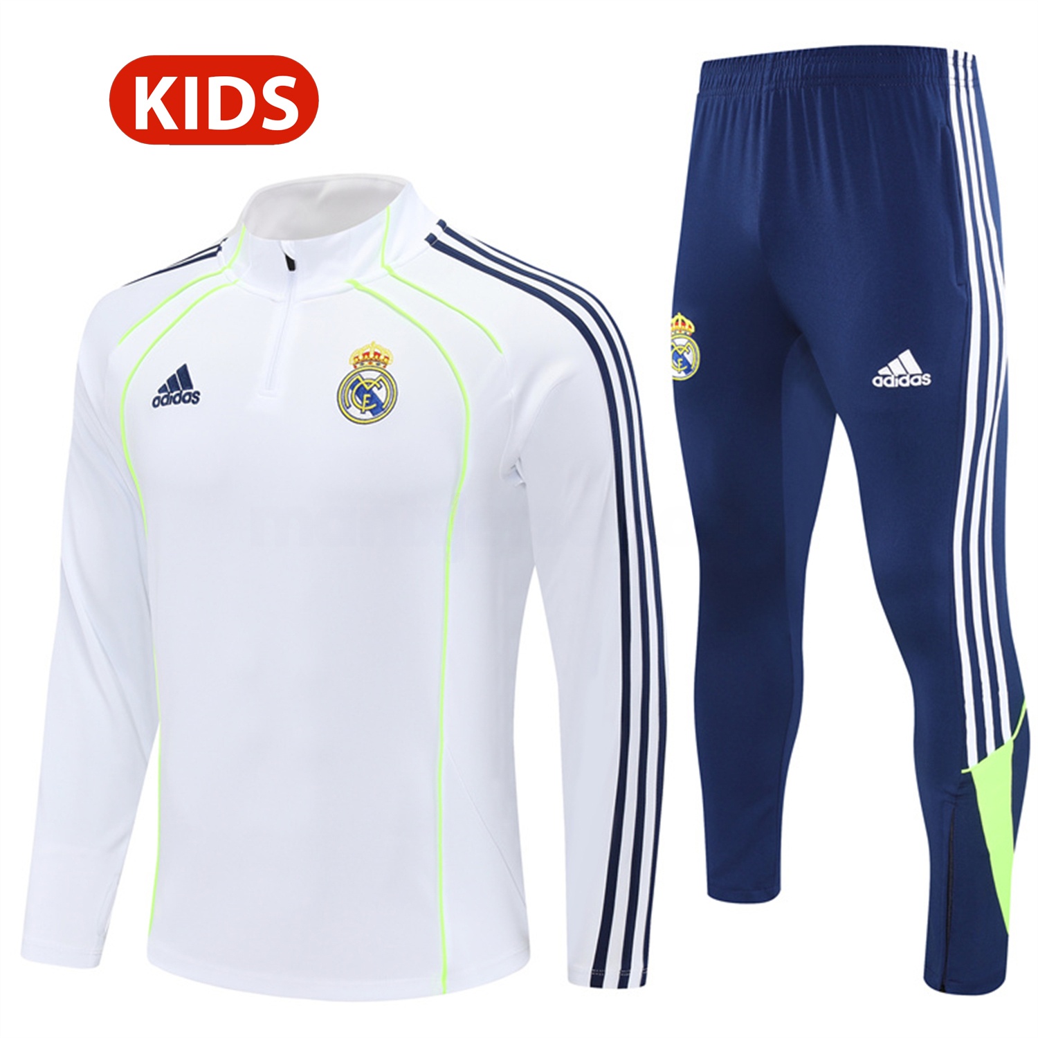 Real Madrid 25-26 Kids Long Sleeves Training Set - Green Line White Top and Blue Pants - JerseysGala