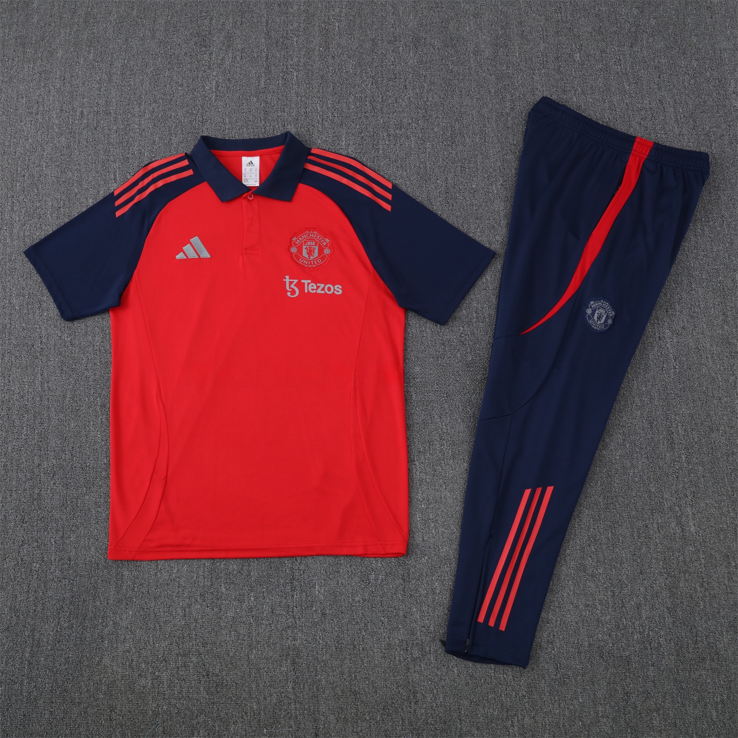 Manchester United 25-26 POLO Short-Sleeve Training Set - Red Top and Deep Blue Pants - JerseysGala