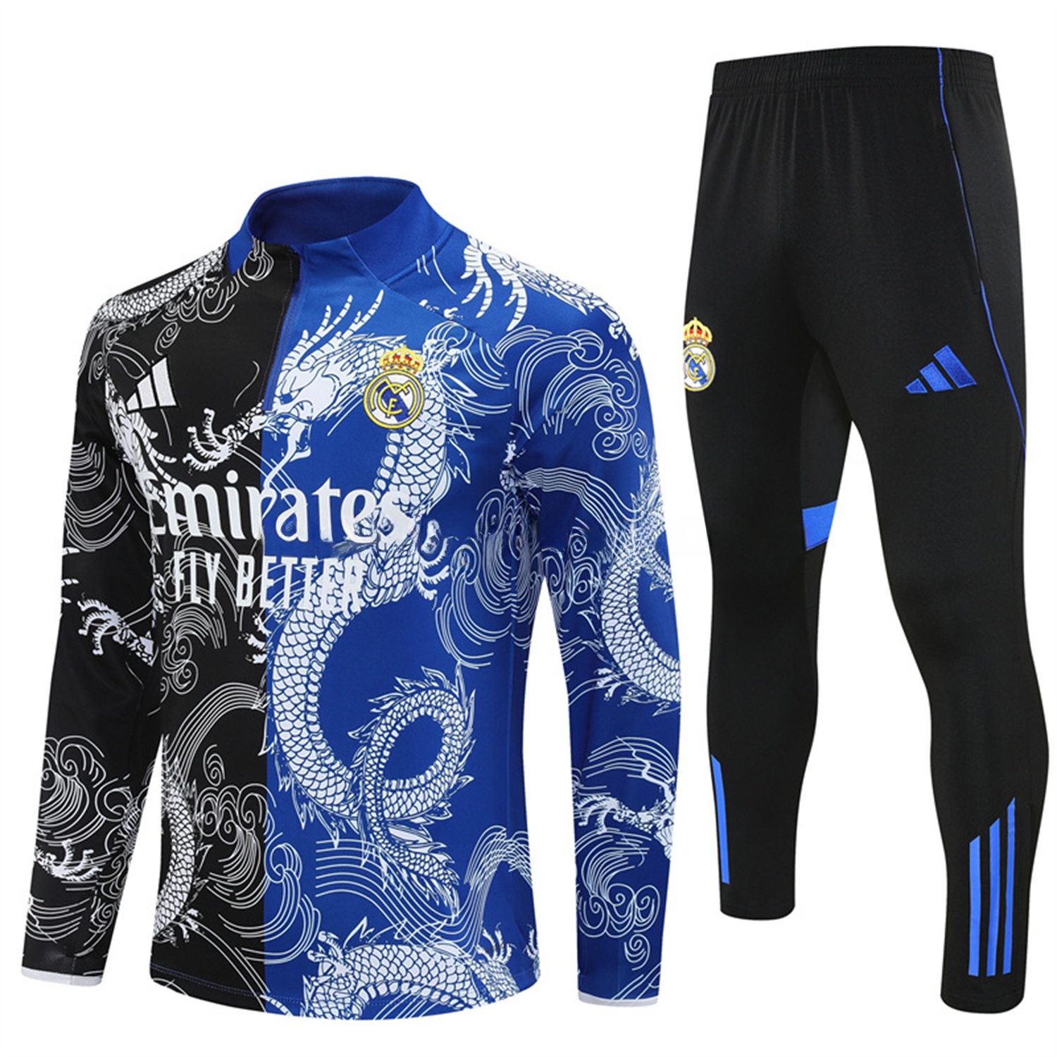 Real Madrid 25-26 Long Sleeve Training Set - White Loong Black Blue Top and Black Pants - JerseysGala