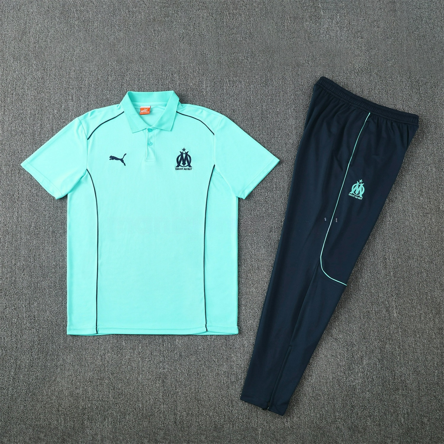 Marseille 25-26 POLO Short-Sleeve Training Set - Cyan Top and Deep Blue Pants - JerseysGala