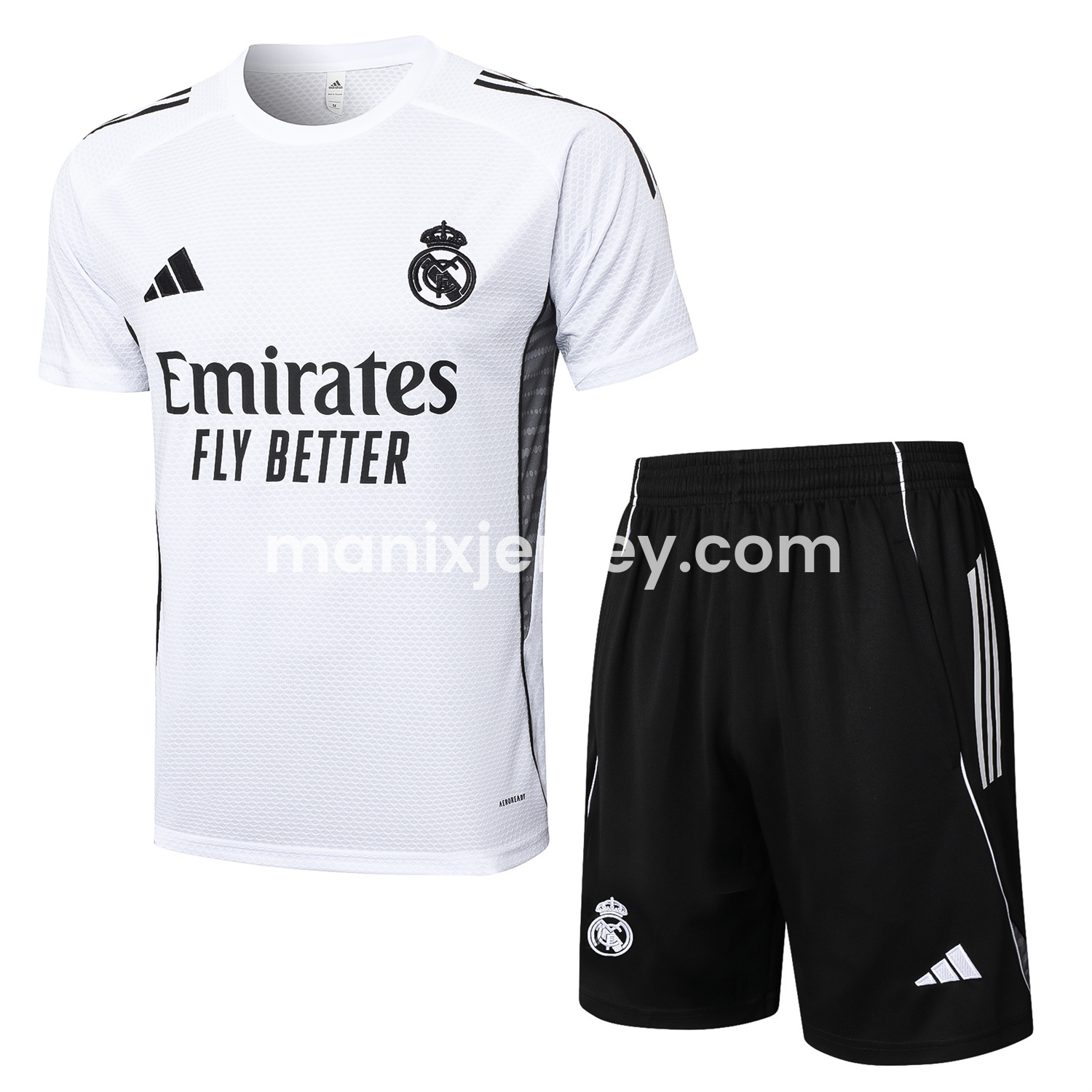 Real Madrid 25-26 Short-Sleeve Training Set - White Top and Black Shorts - JerseysGala
