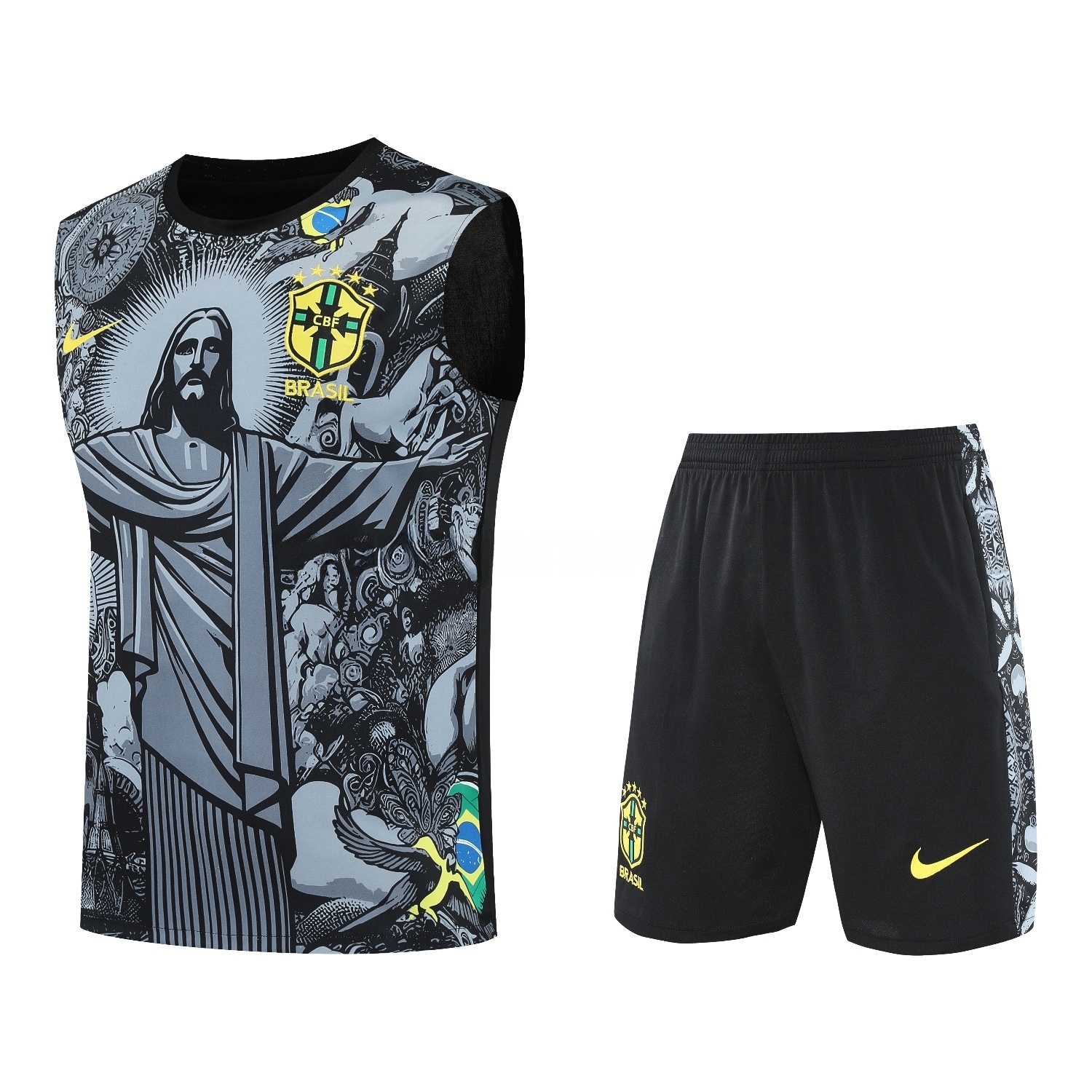Brazil 25-26 Gray Jesus Statue Vest Training Set - Gray Vest & Black Shorts - JerseysGala