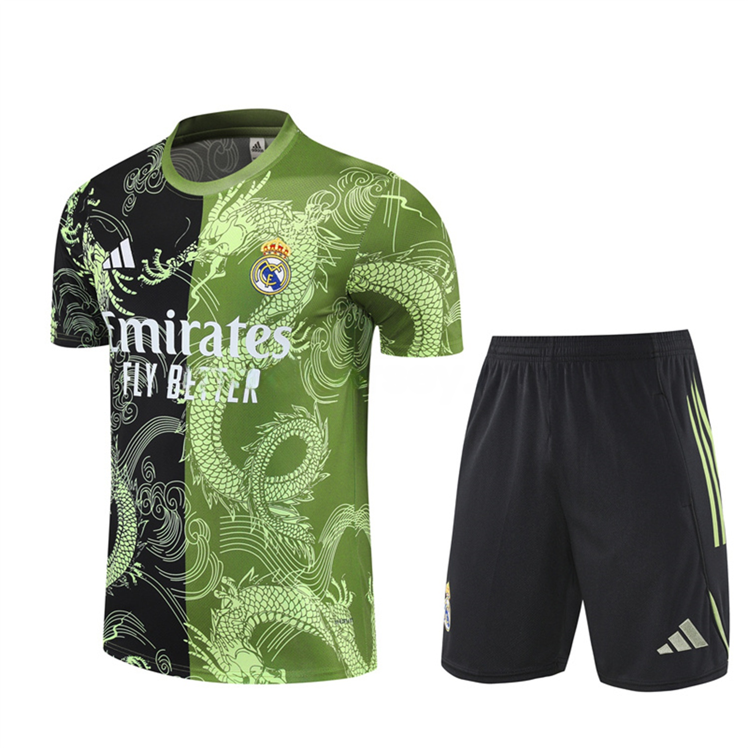 Real Madrid 25-26 Short-Sleeve Training Set - Green Black Top & Black Shorts - JerseysGala