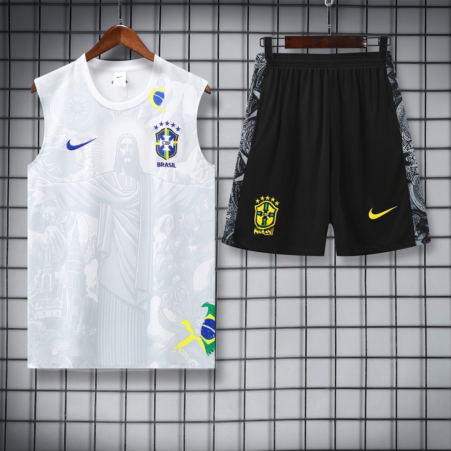 Brazil 25-26 White Jesus Statue Vest Training Set - White Vest & Black Shorts - JerseysGala