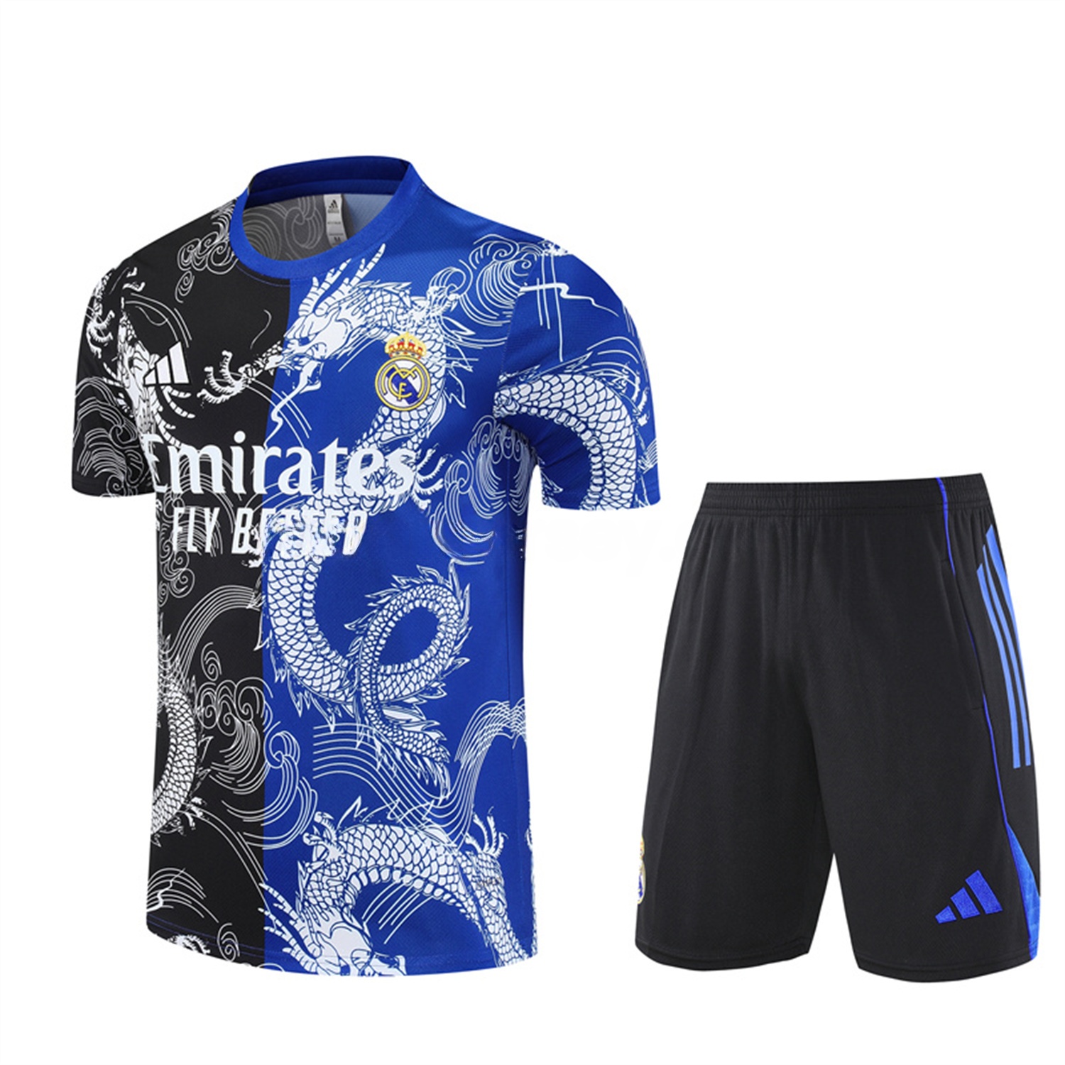 Real Madrid 25-26 Short-Sleeve Training Set - Blue Black Dragon Top & Black Shorts - JerseysGala