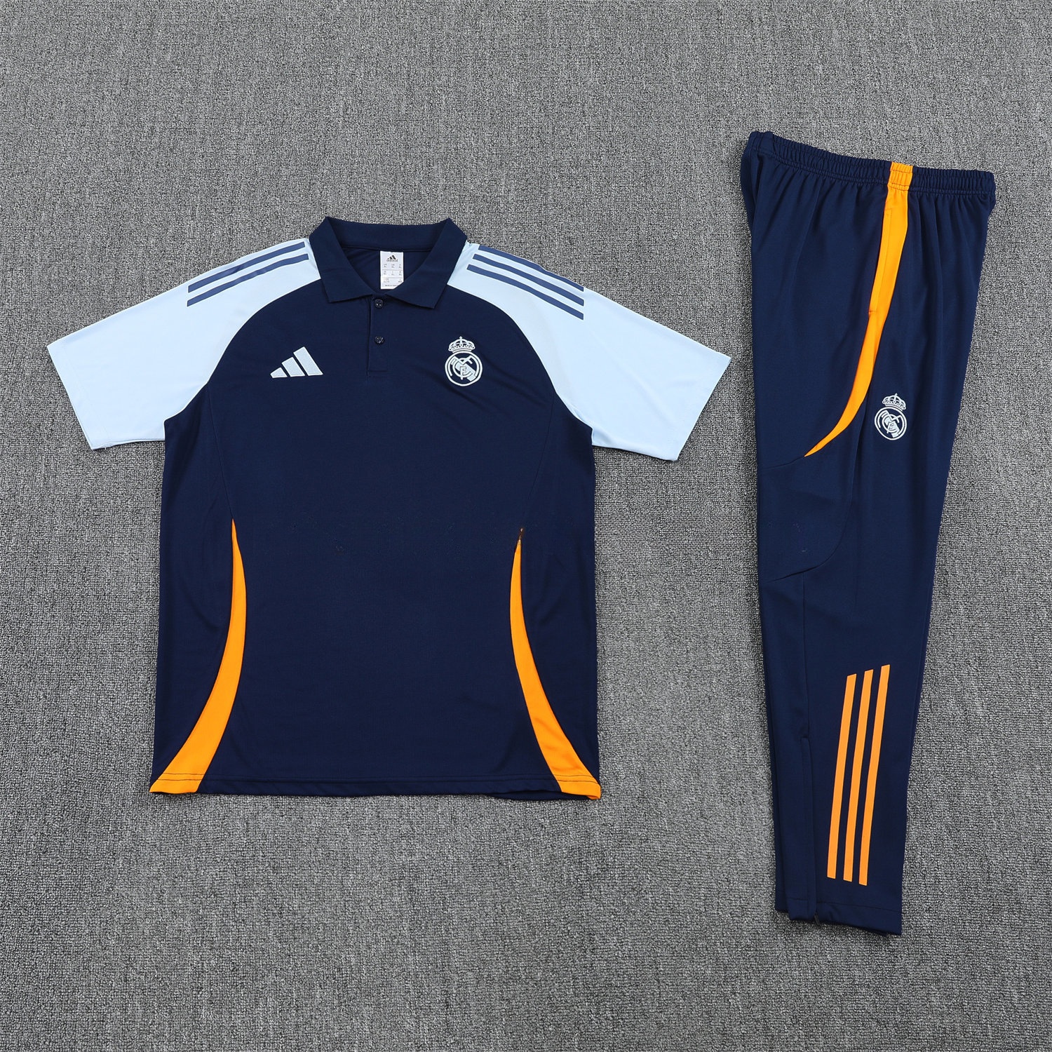 Real Madrid 25-26 POLO Short-Sleeve Training Set - Deep Blue Top and Pants with Yellow Stripes - JerseysGala