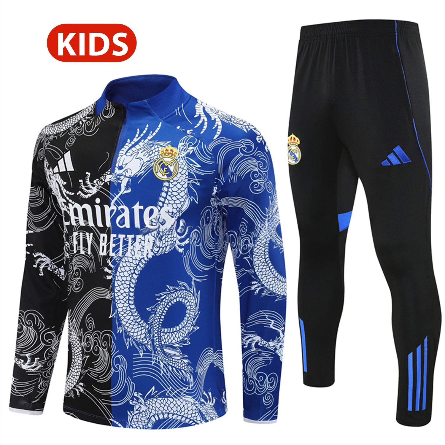 Real Madrid 25-26 Kids Long Sleeve Training Set - White Loong Black Blue Top and Black Pants - JerseysGala