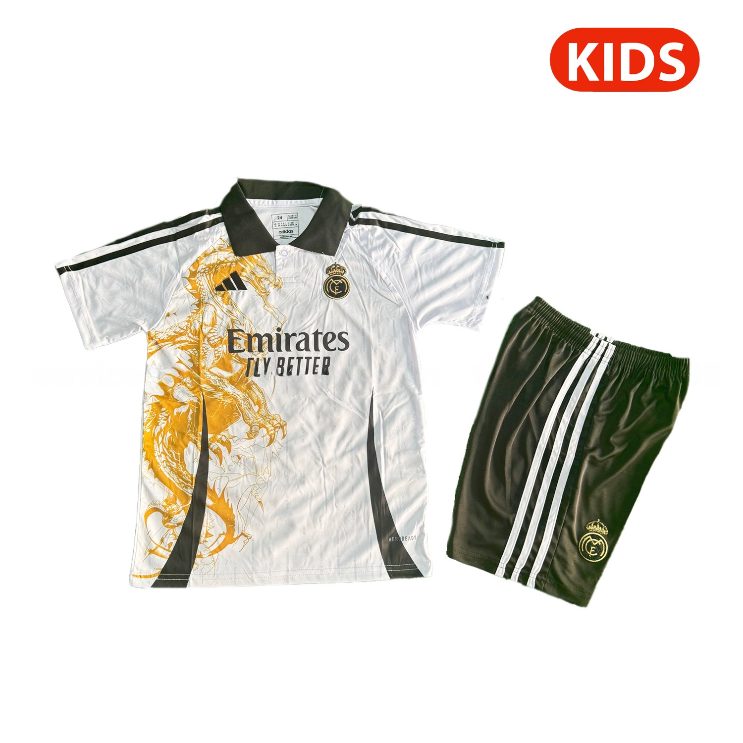 Real Madrid 25-26 Golden Dragon White Special Polo Kids Kit - JerseysGala