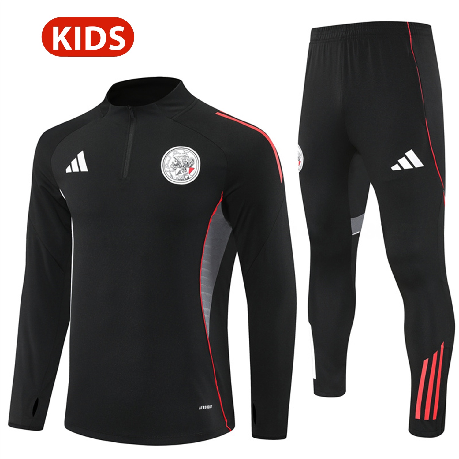 Ajax 25-26 Kids Long Sleeve Training Set - Black Top and Black Pants - JerseysGala
