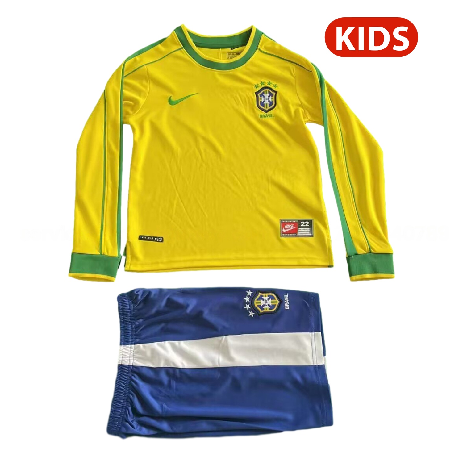 Retro Brazil 1998 Home Long Sleeves Kids Kit - JerseysGala