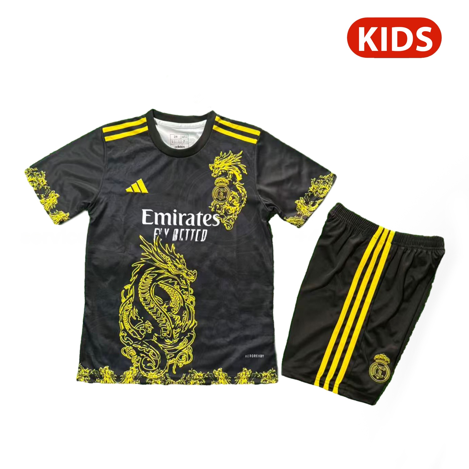 Real Madrid 25-26 Yellow Dragon Black Special Kids Kit - JerseysGala