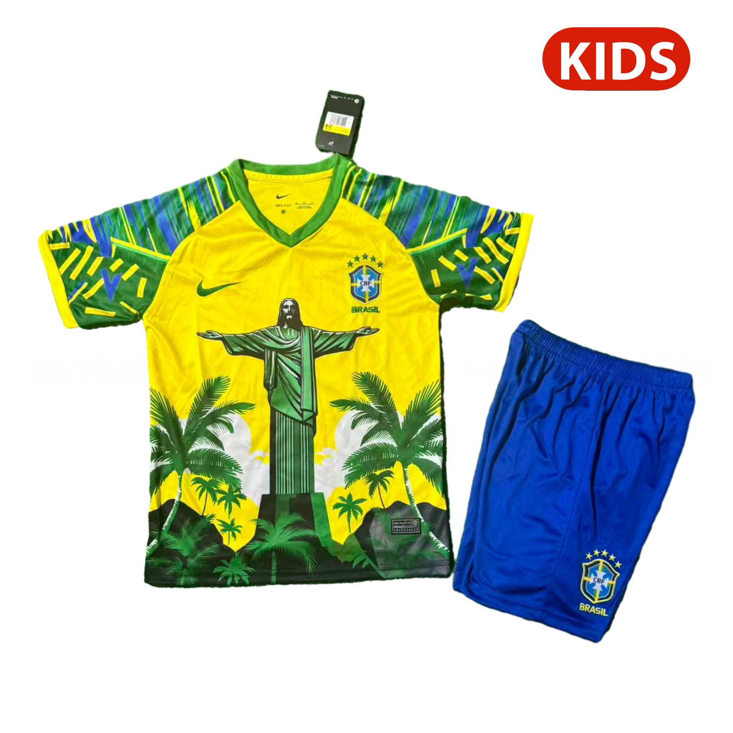 Brazil 25-26 Green Jesus Yellow Special Kids Kit - JerseysGala