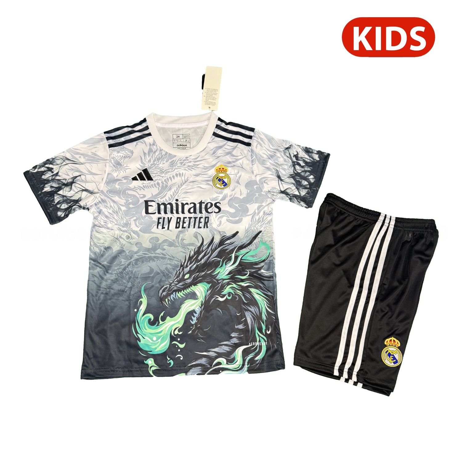 Real Madrid 25-26 Green Fire Black Dragon White Special Kids Kit - JerseysGala