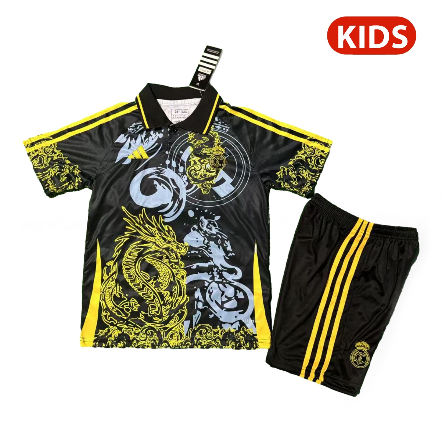 Real Madrid 25-26 Yellow Dragon And Cloud Black Special Polo Kids Kit - JerseysGala